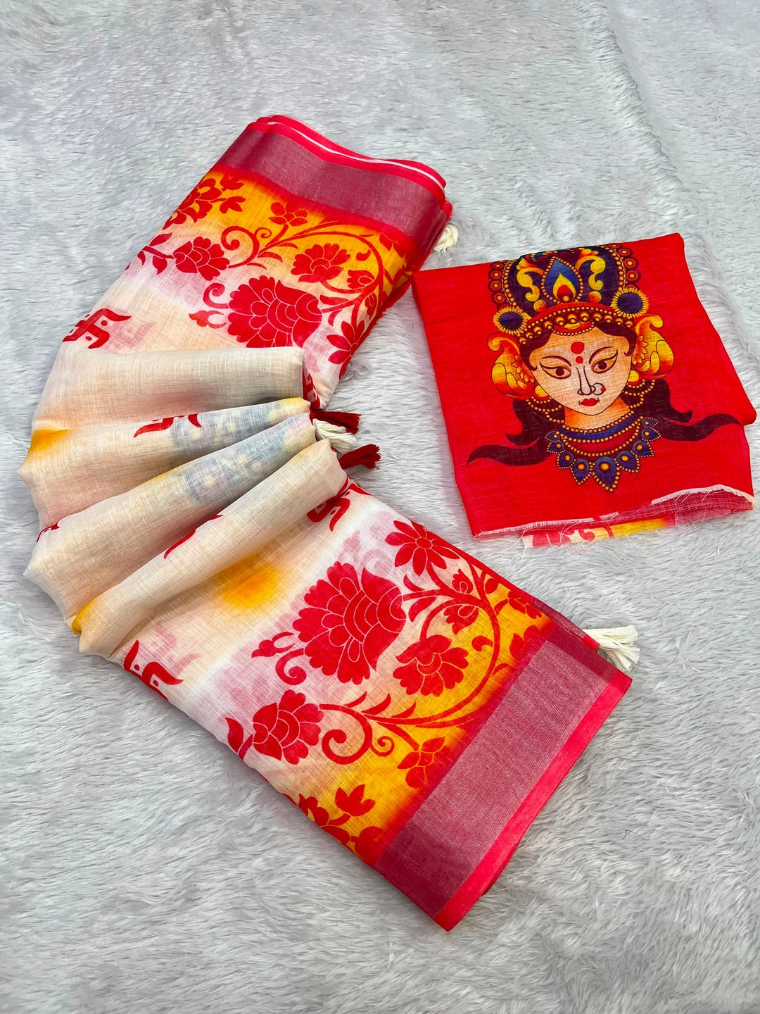 Peachmode White Yellow Durga Linen Cotton Saree - Image 2