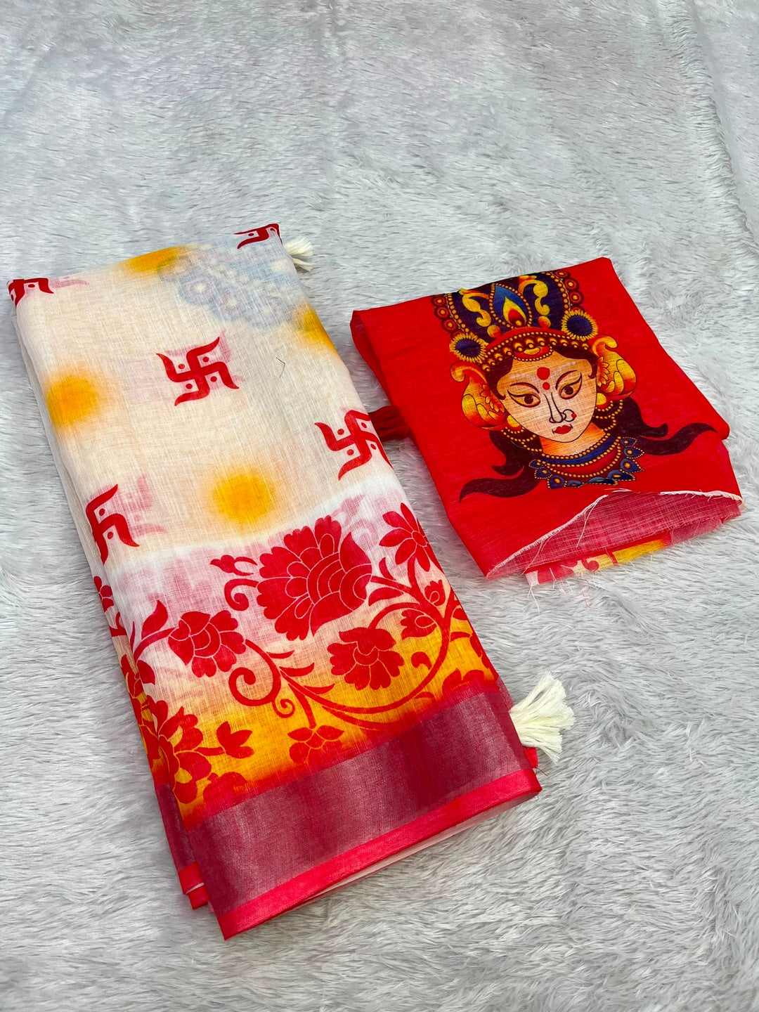 Peachmode White Yellow Durga Linen Cotton Saree - Image 4