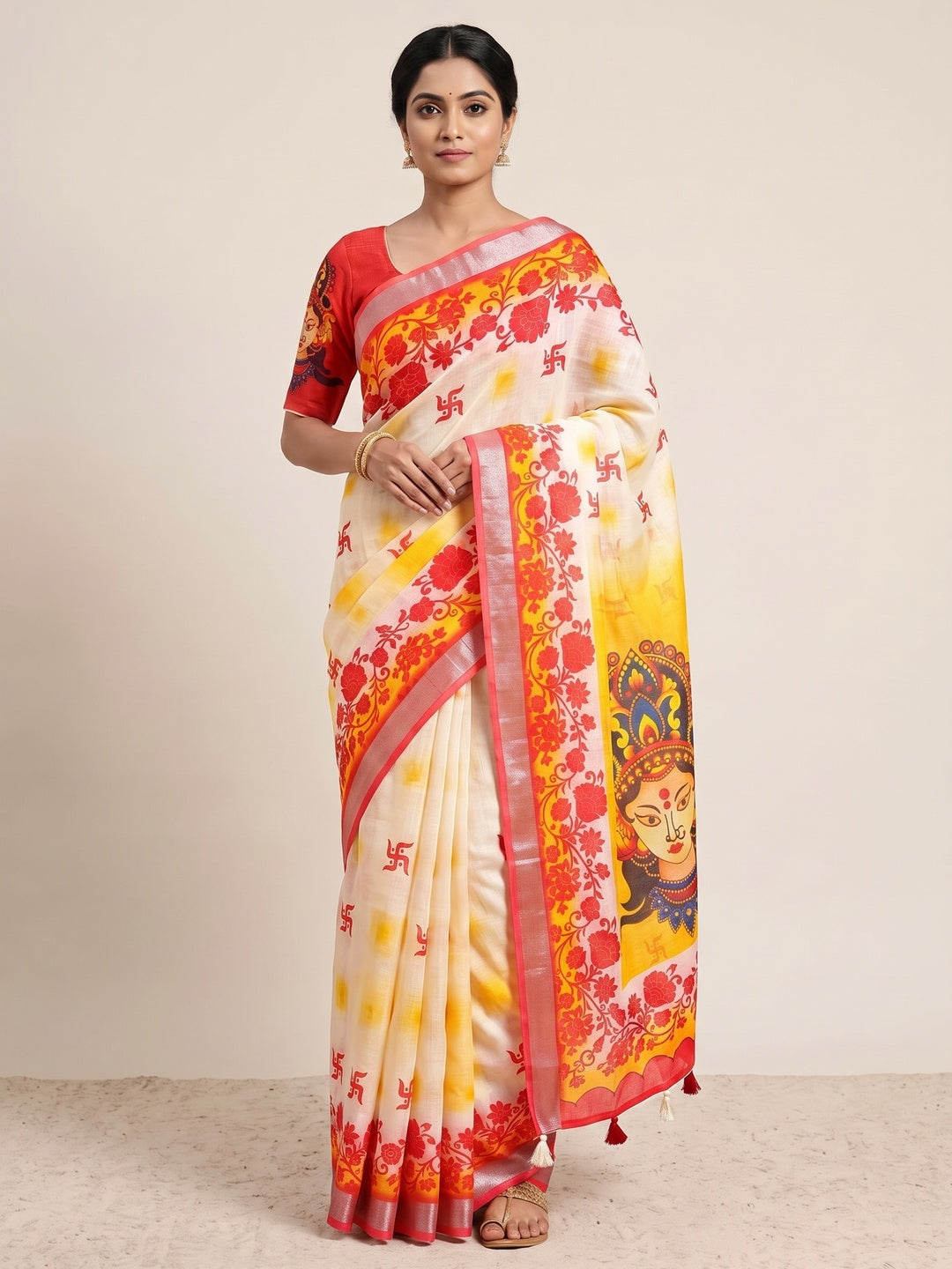 Peachmode White Yellow Durga Linen Cotton Saree - Image 5