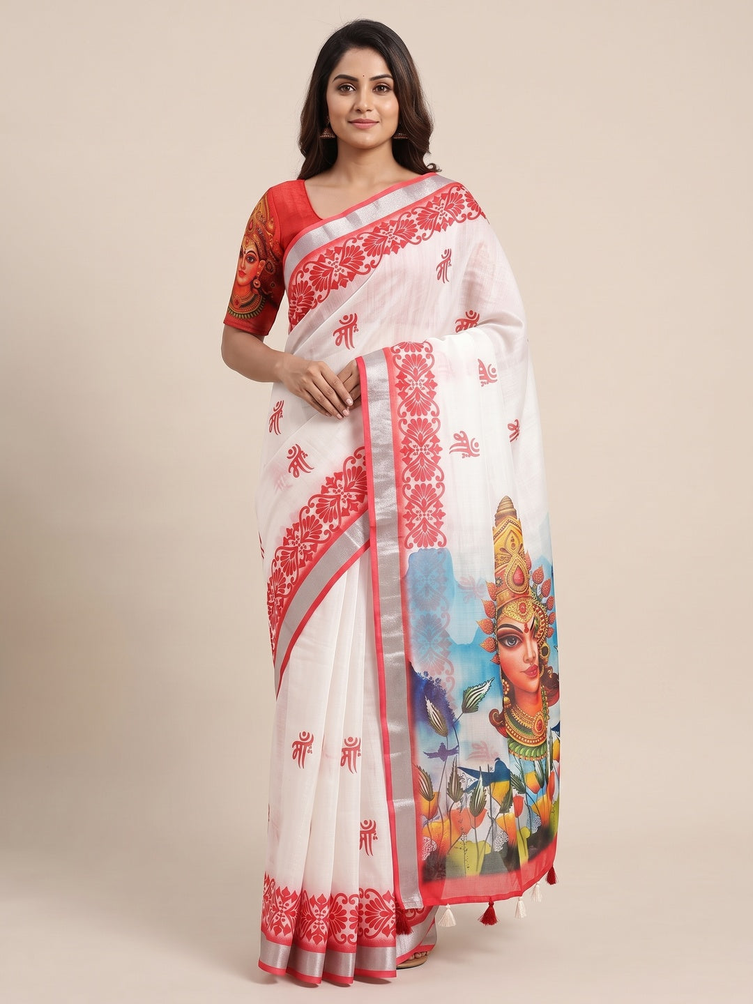 Peachmode White Red Maa Durga Linen Cotton Saree - Image 1