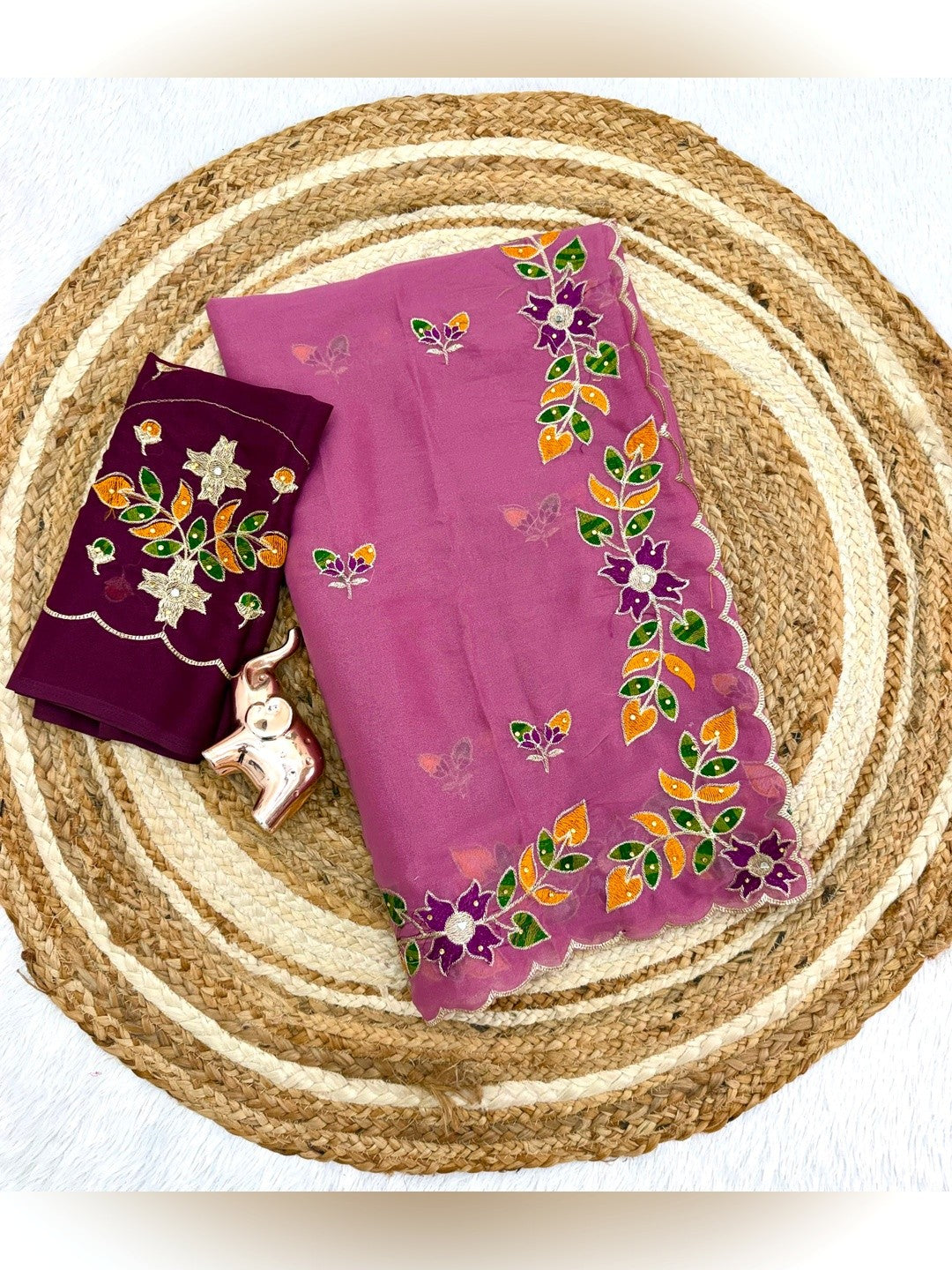 Peachmode Onion Pink Embroidered Shining Georgette Saree - Image 2