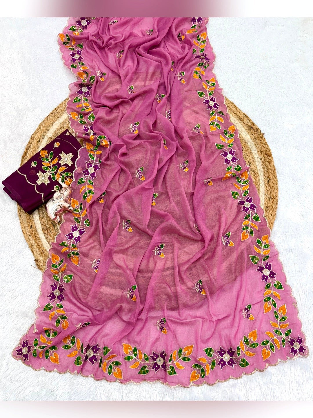 Peachmode Onion Pink Embroidered Shining Georgette Saree - Image 3