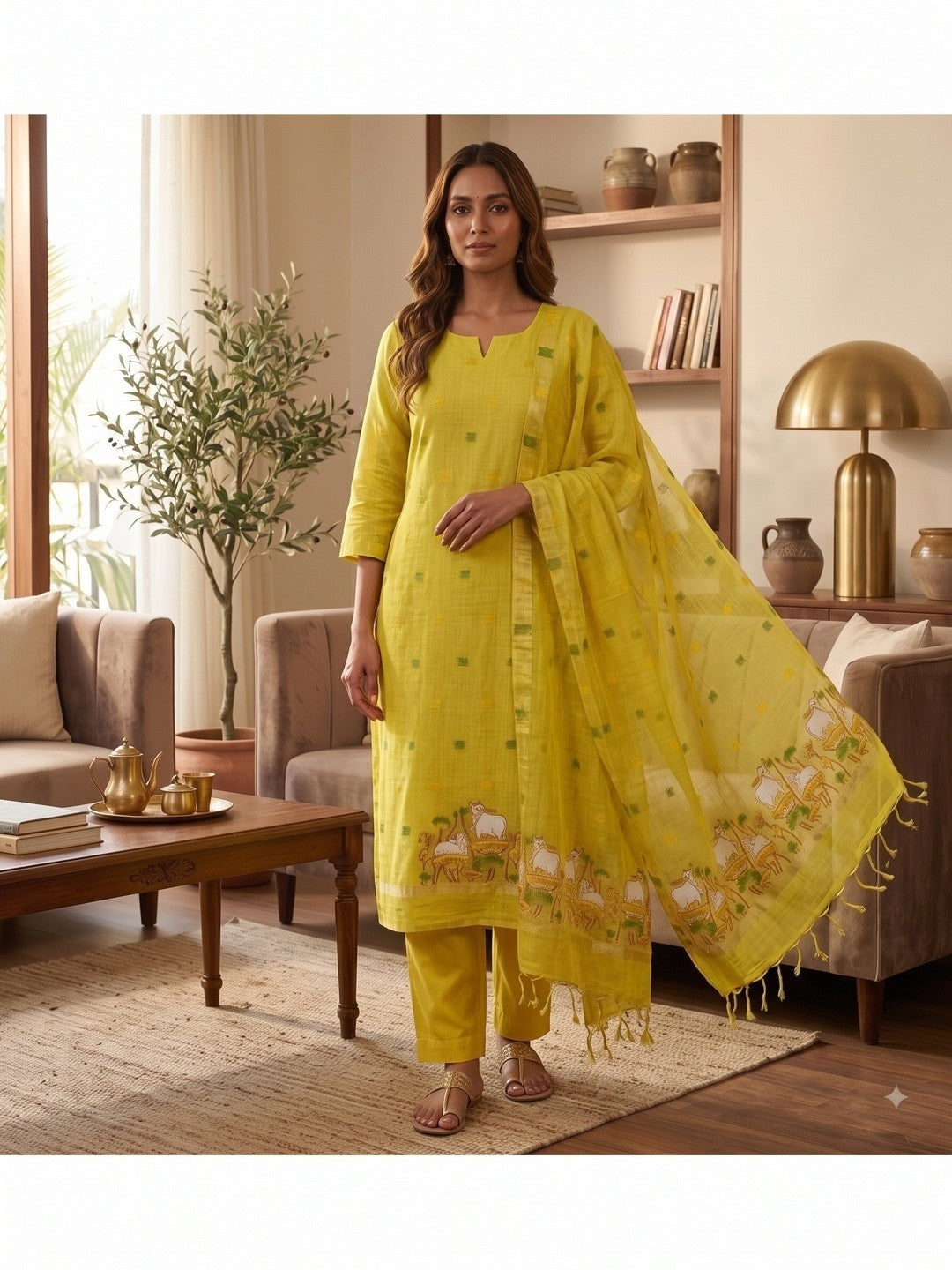 Peachmode Yellow Pichwai Jamdani Muga Cotton Dress Material - Image 1