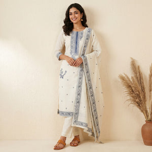 Off White Woven Pure Cotton Dress Material - Image 2