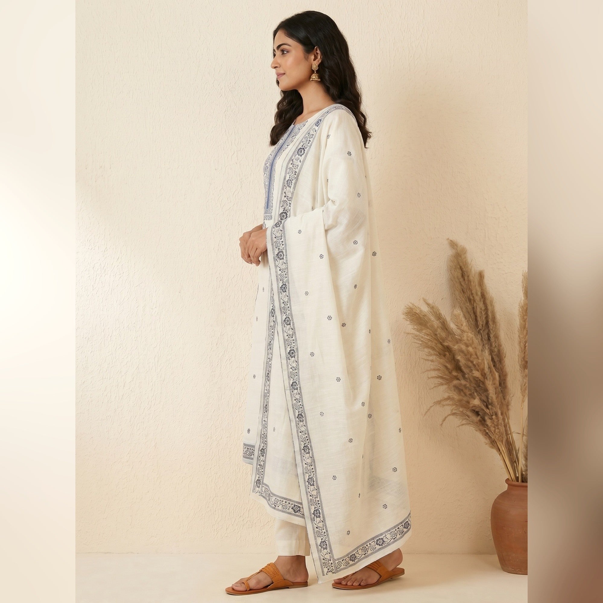 Off White Woven Pure Cotton Dress Material - Image 3