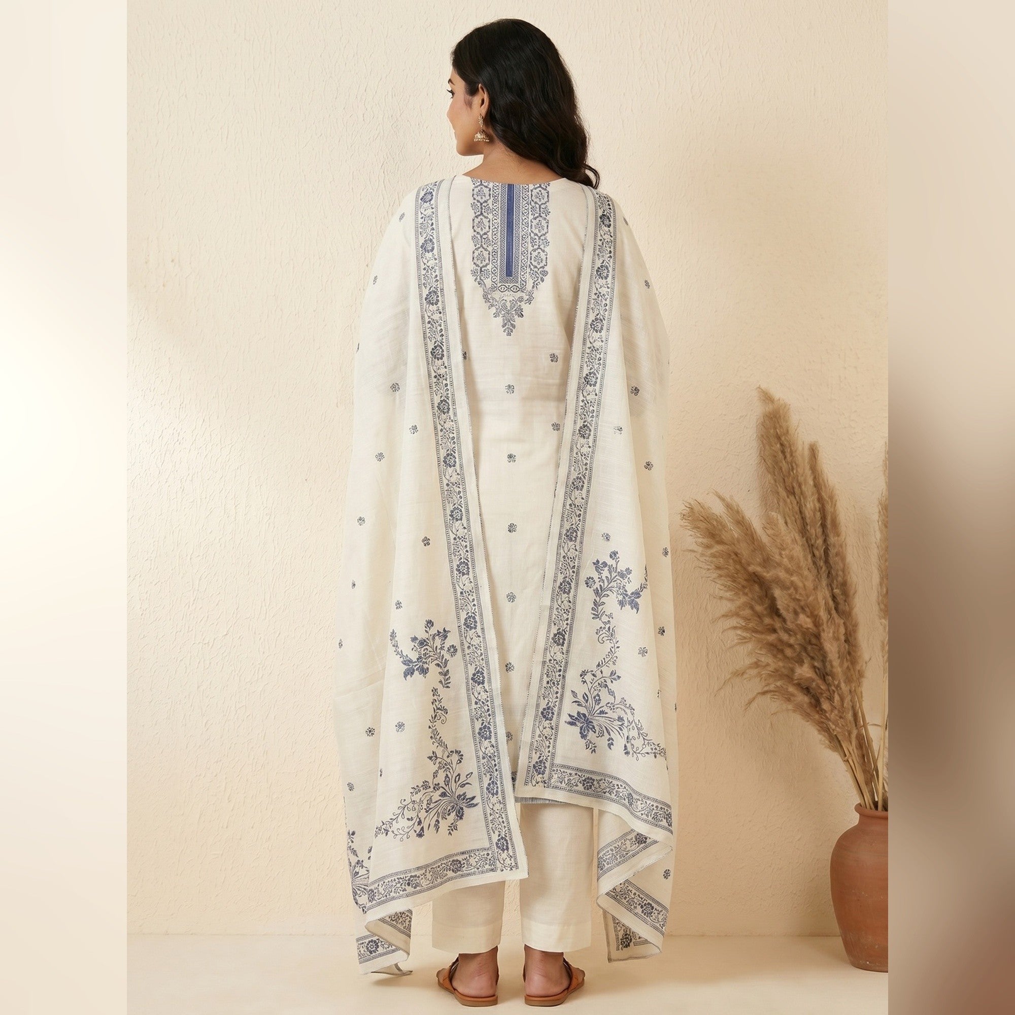 Off White Woven Pure Cotton Dress Material - Image 4