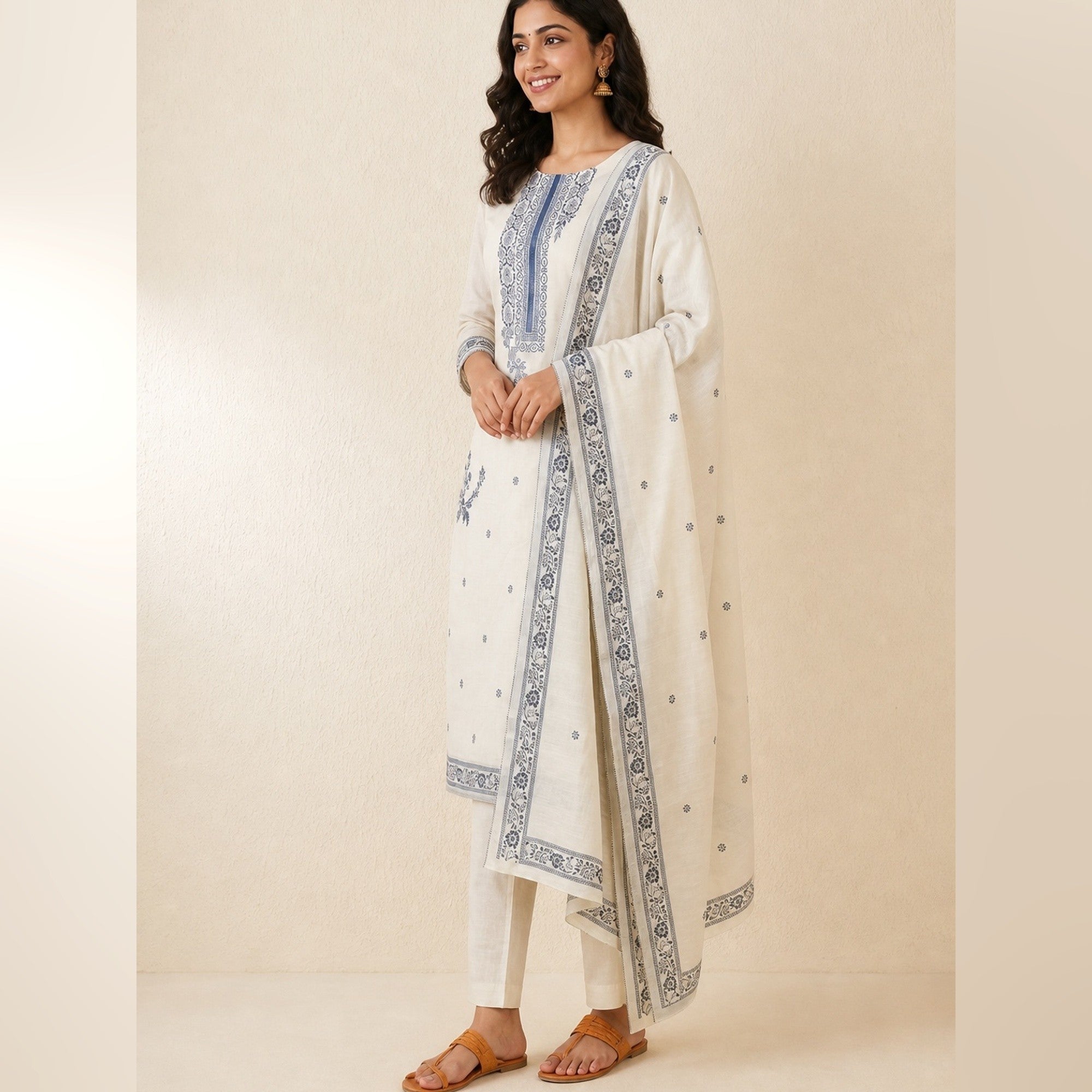 Off White Woven Pure Cotton Dress Material - Image 5