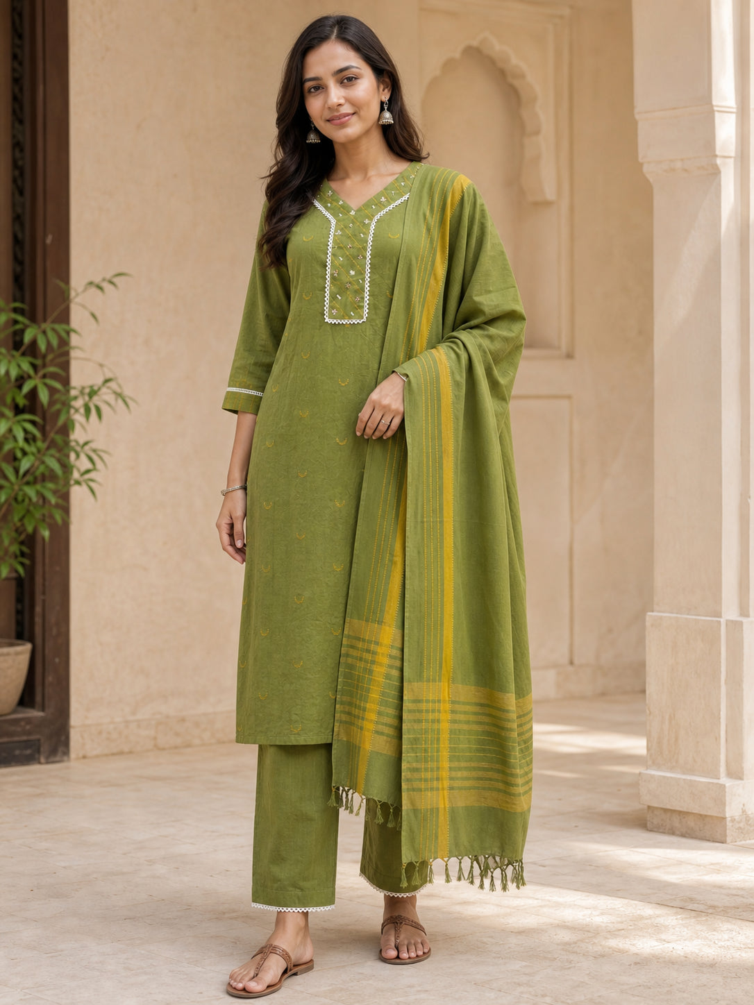Peachmode Olive Pure Cotton Dobby Embellished Salwar Suit - Image 1
