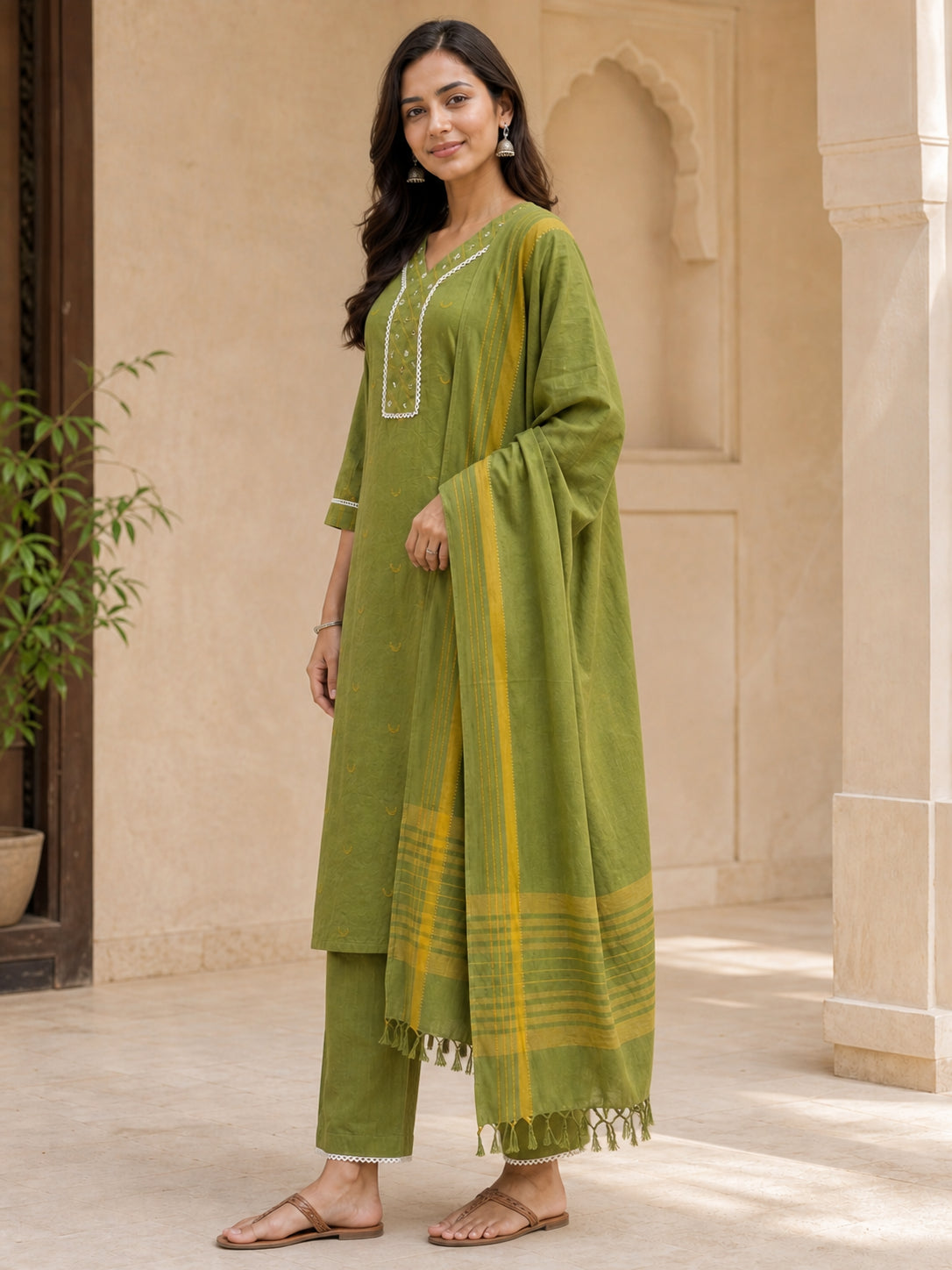 Peachmode Olive Pure Cotton Dobby Embellished Salwar Suit - Image 3