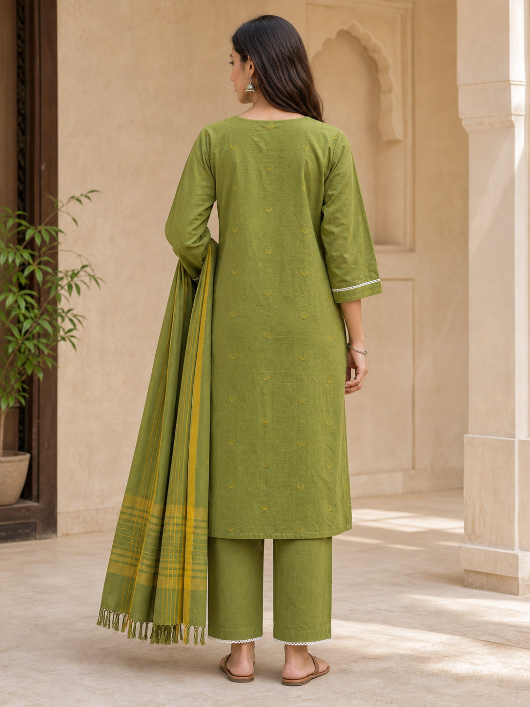 Peachmode Olive Pure Cotton Dobby Embellished Salwar Suit - Image 4