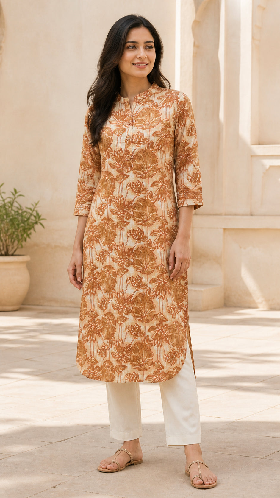 Peachmode Cream Pure Cotton Rust Floral Printed Kurti - Image 1