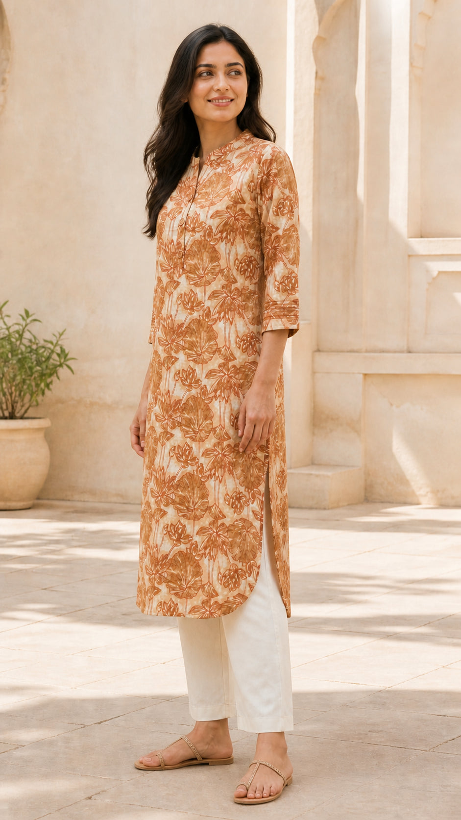 Peachmode Cream Pure Cotton Rust Floral Printed Kurti - Image 3