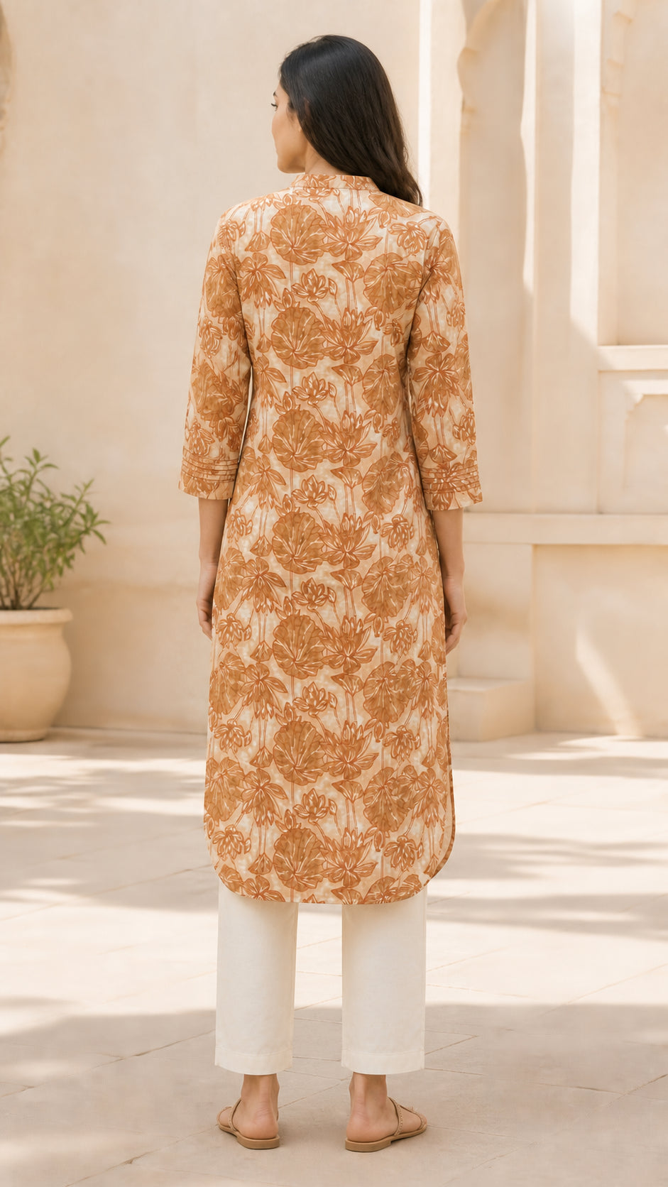 Peachmode Cream Pure Cotton Rust Floral Printed Kurti - Image 4