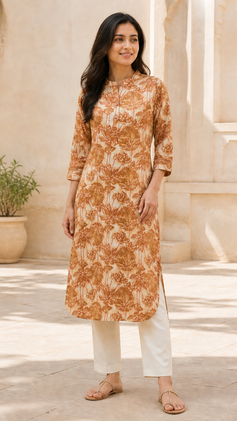Peachmode Cream Pure Cotton Rust Floral Printed Kurti - Image 5