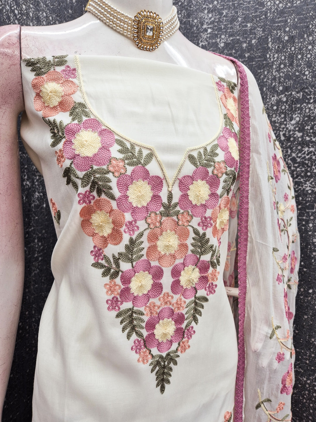 Peachmode Cream Floral Embroidered Roman Silk Dress Material - Image 3