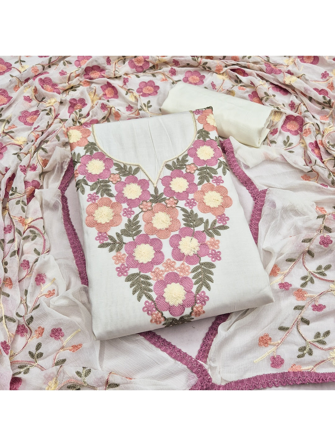 Peachmode Cream Floral Embroidered Roman Silk Dress Material - Image 4