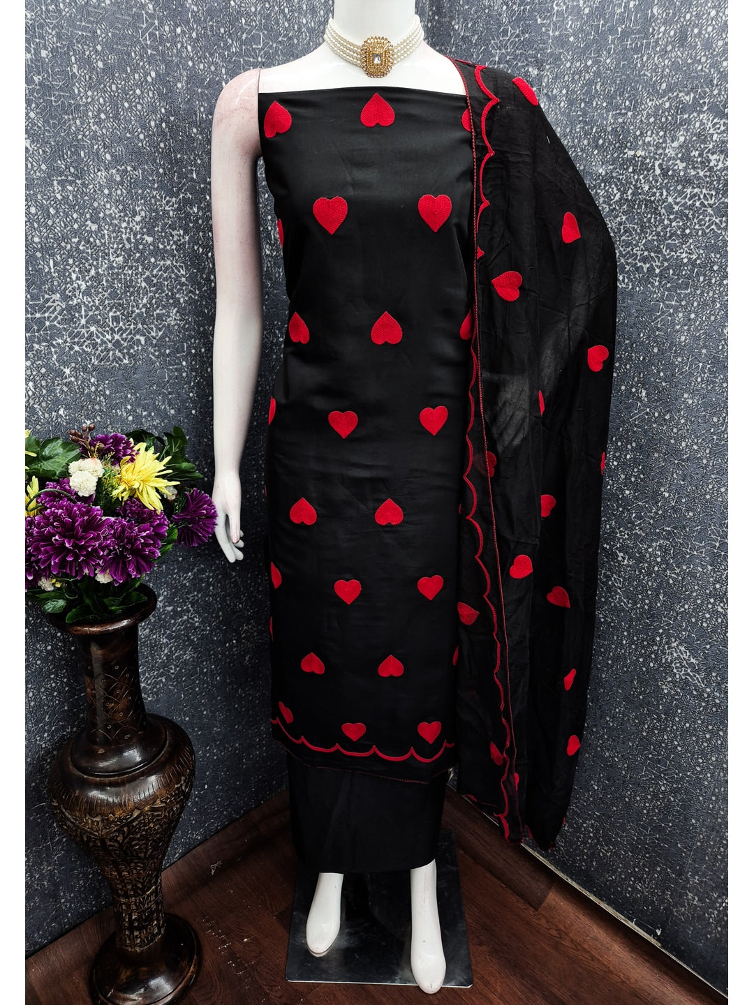 Peachmode Black Heart Embroidered Roman Silk Dress Material - Image 2