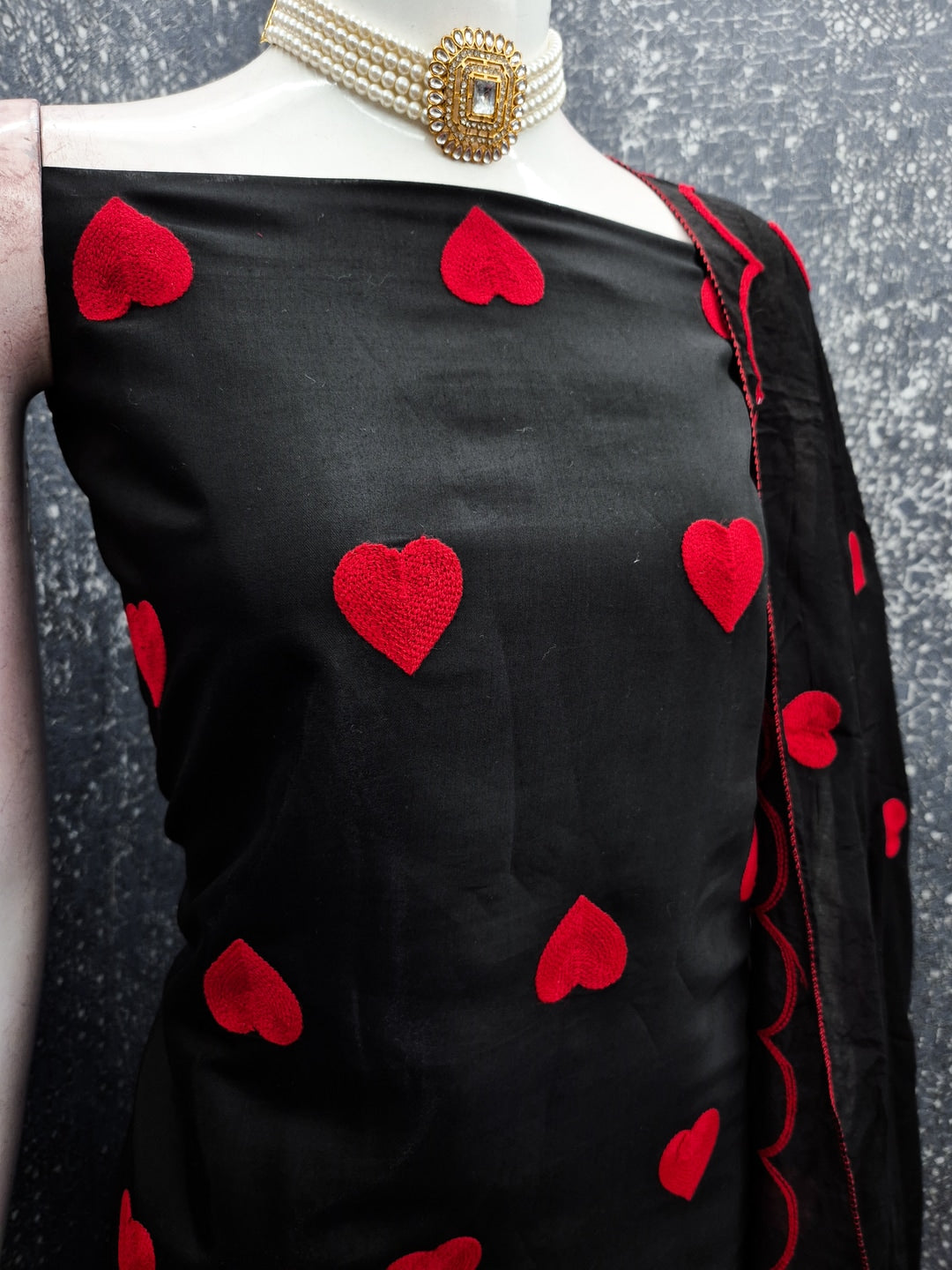 Peachmode Black Heart Embroidered Roman Silk Dress Material - Image 3