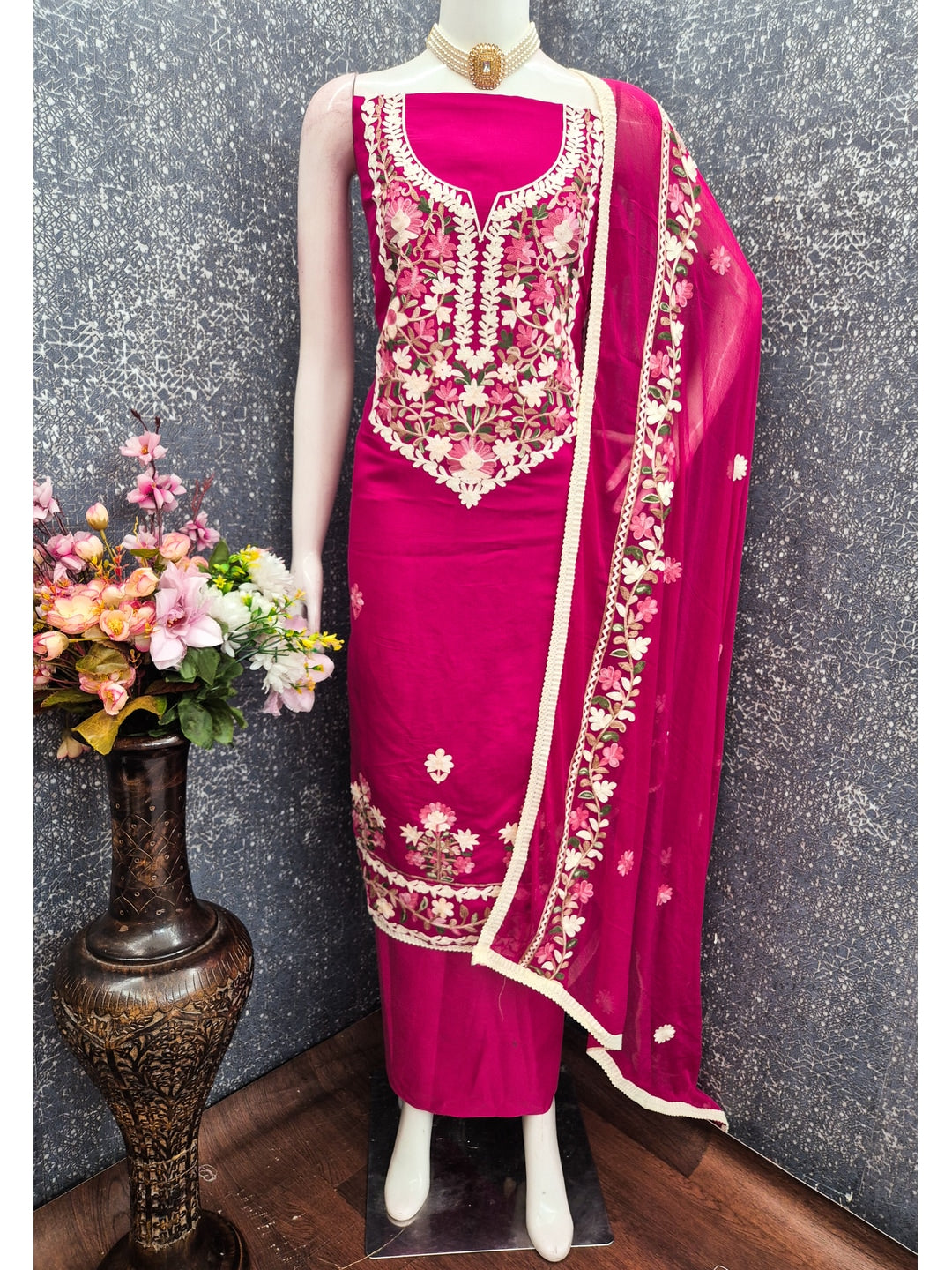 Peachmode Rani Pink Floral Embroidered Roman Silk Dress Material - Image 2