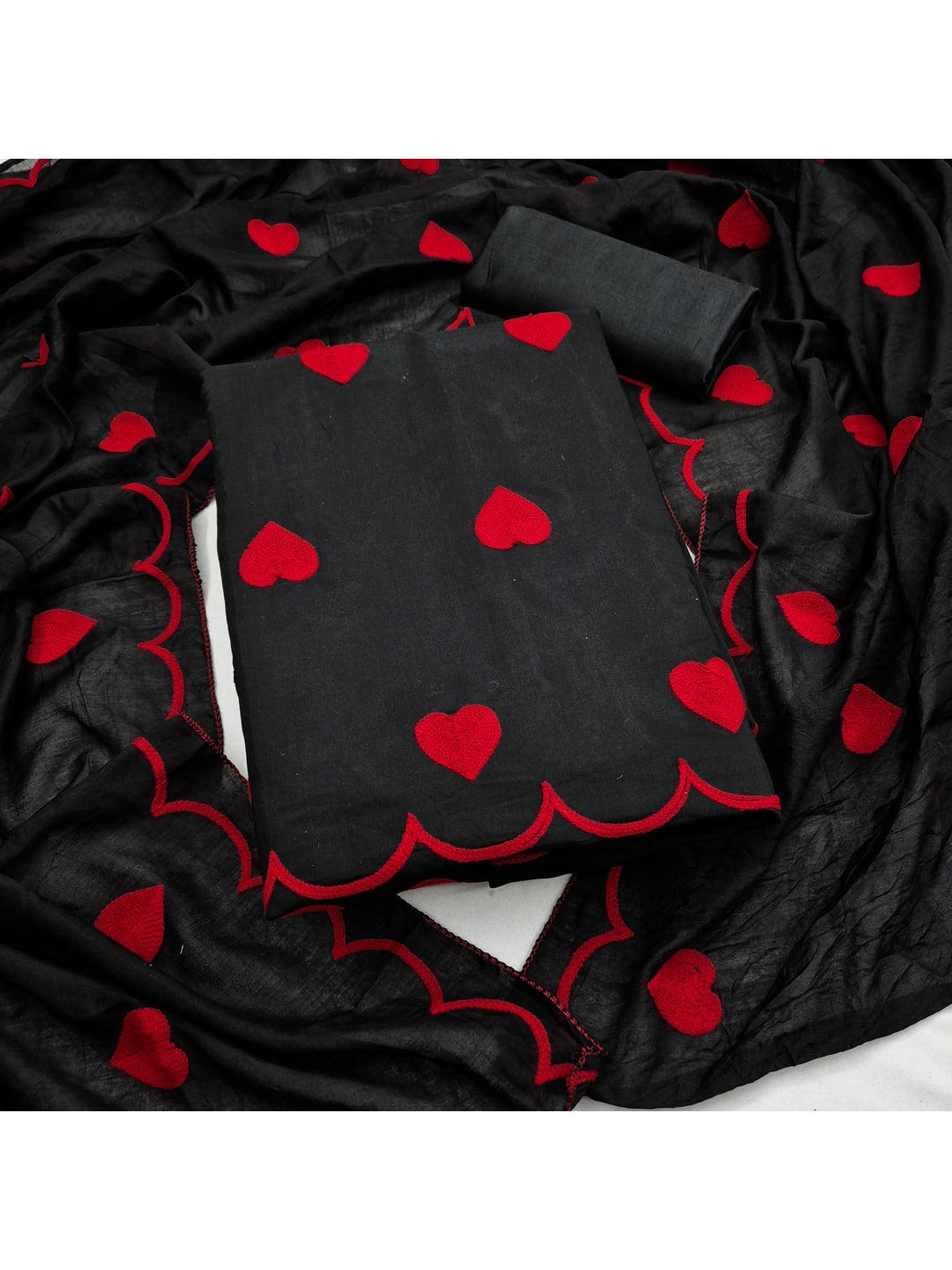 Peachmode Black Heart Embroidered Roman Silk Dress Material - Image 4
