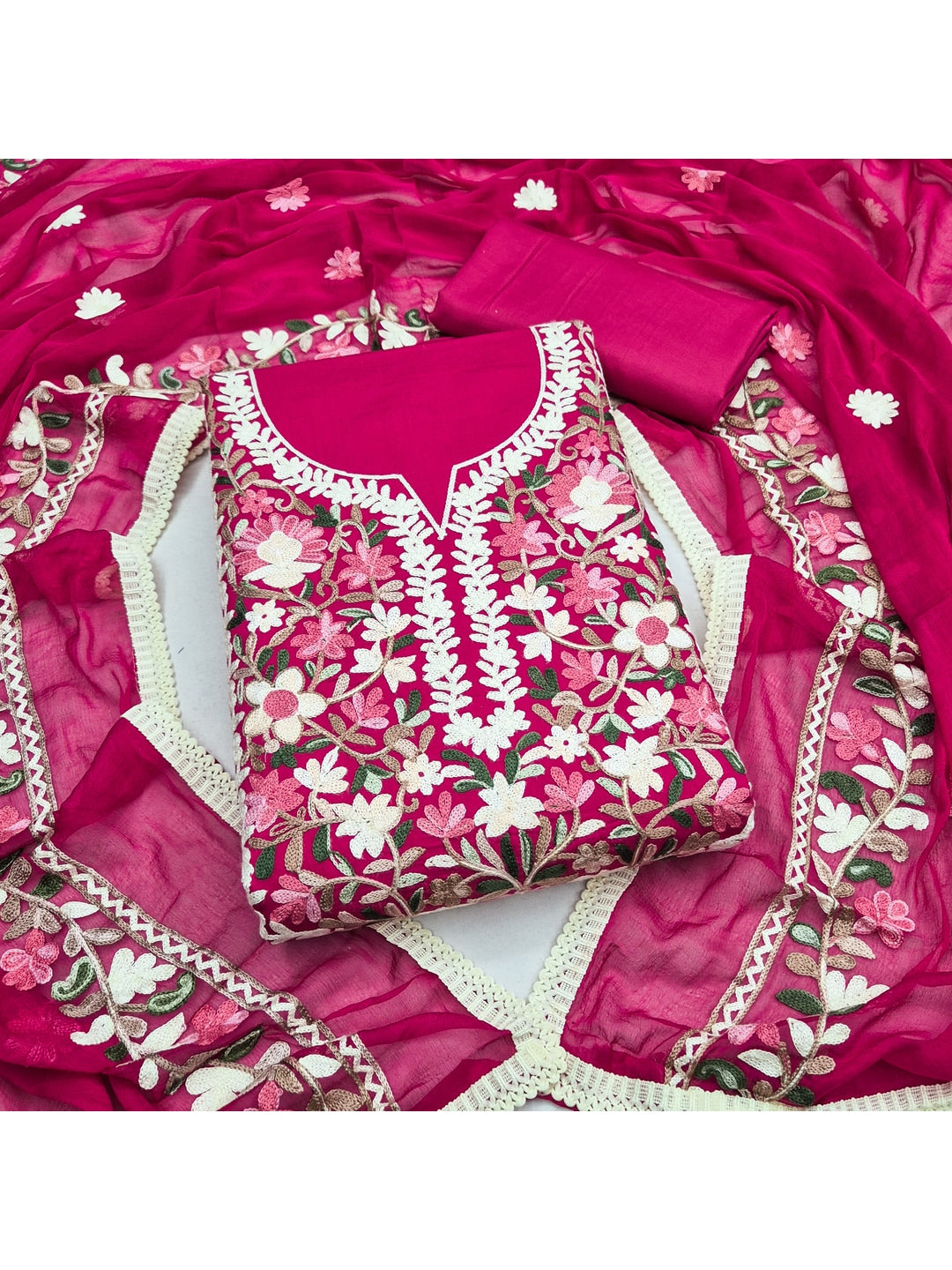 Peachmode Rani Pink Floral Embroidered Roman Silk Dress Material - Image 4
