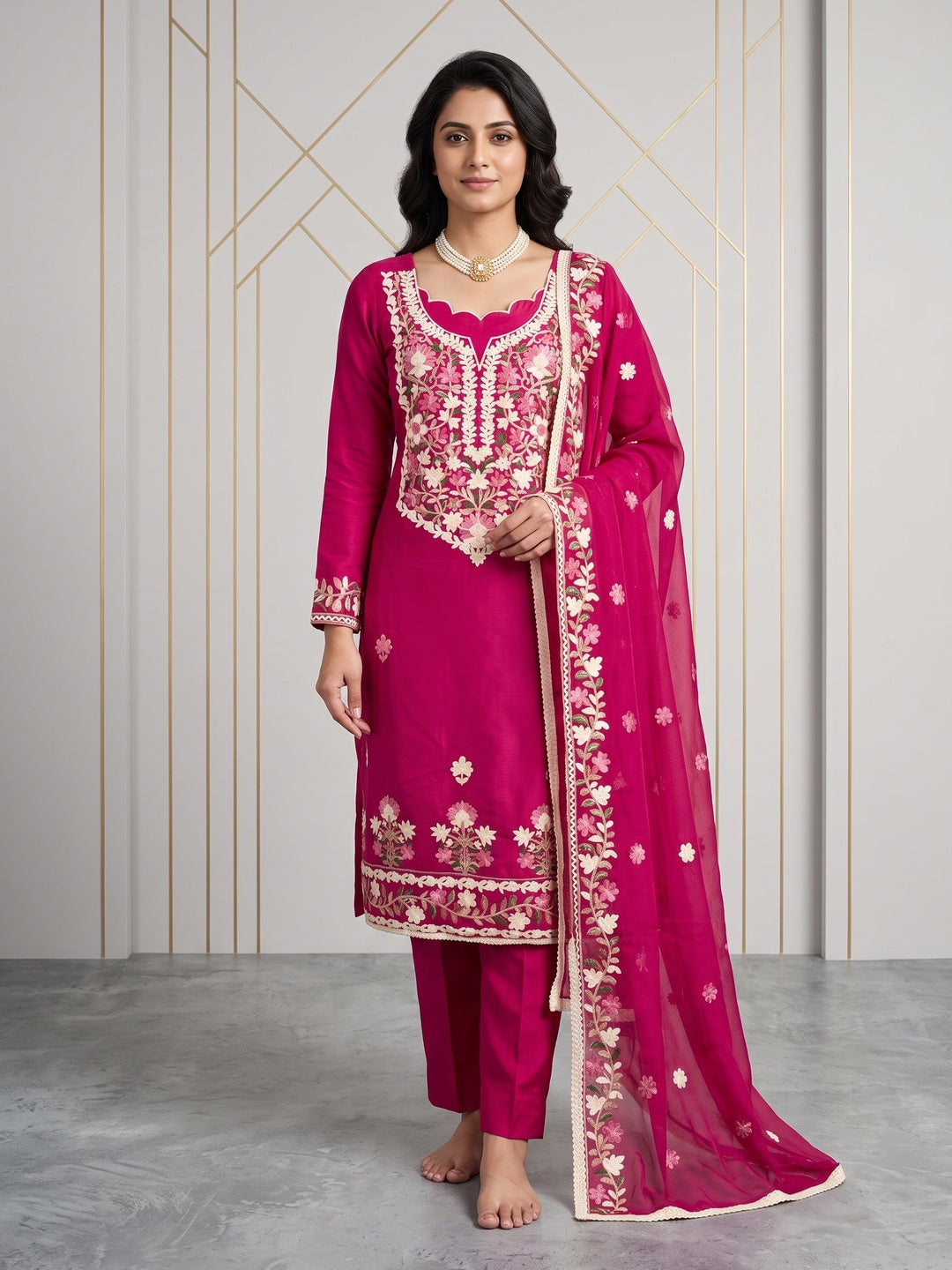 Peachmode Rani Pink Floral Embroidered Roman Silk Dress Material - Image 1