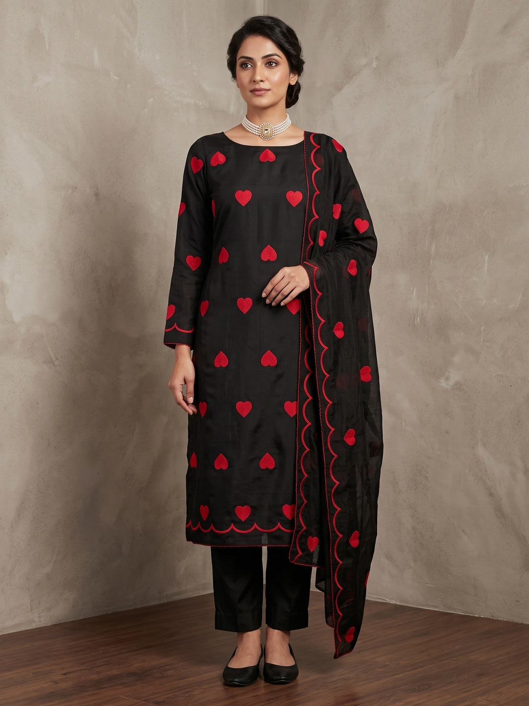 Peachmode Black Heart Embroidered Roman Silk Dress Material - Image 1