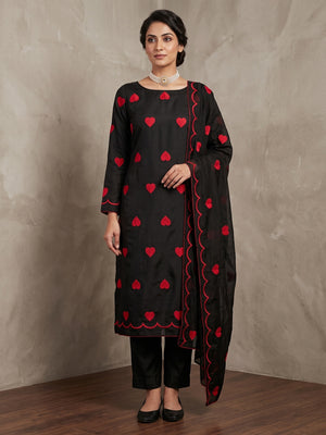 Peachmode Black Heart Embroidered Roman Silk Dress Material - Image 1