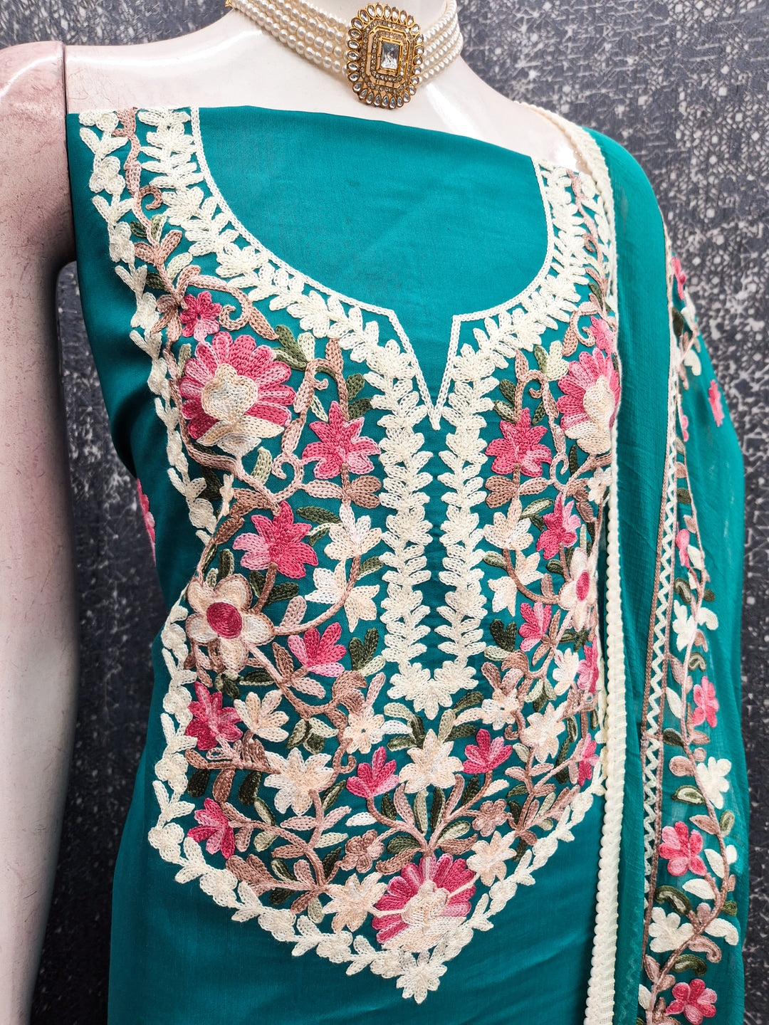 Peachmode Teal Floral Embroidered Roman Silk Dress Material - Image 3