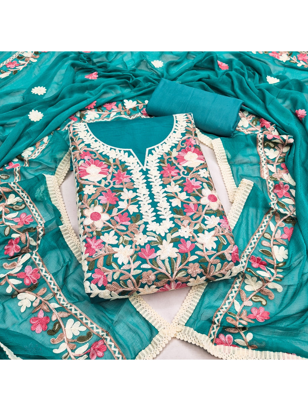 Peachmode Teal Floral Embroidered Roman Silk Dress Material - Image 4