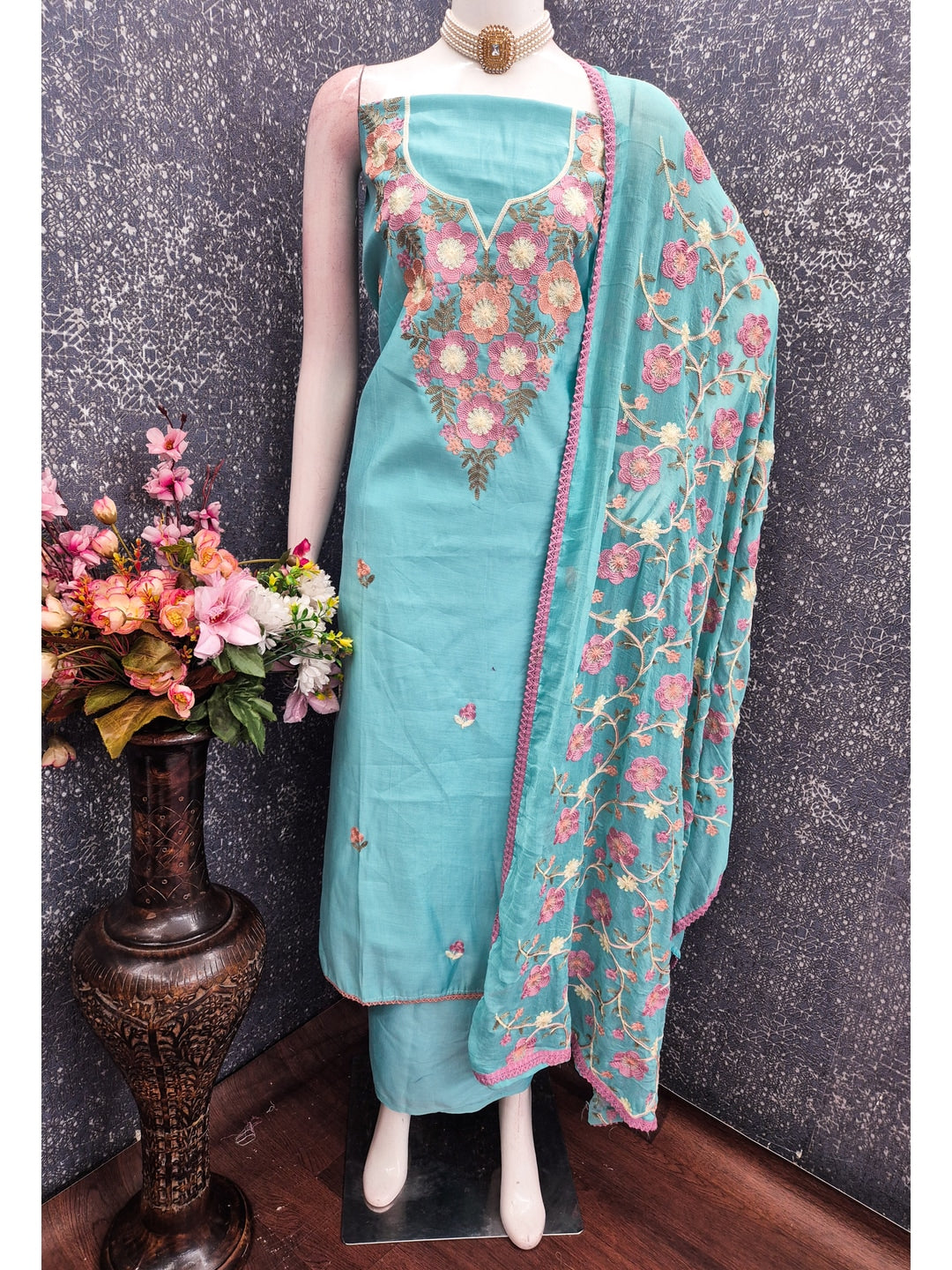 Peachmode Blue Floral Embroidered Roman Silk Dress Material - Image 2