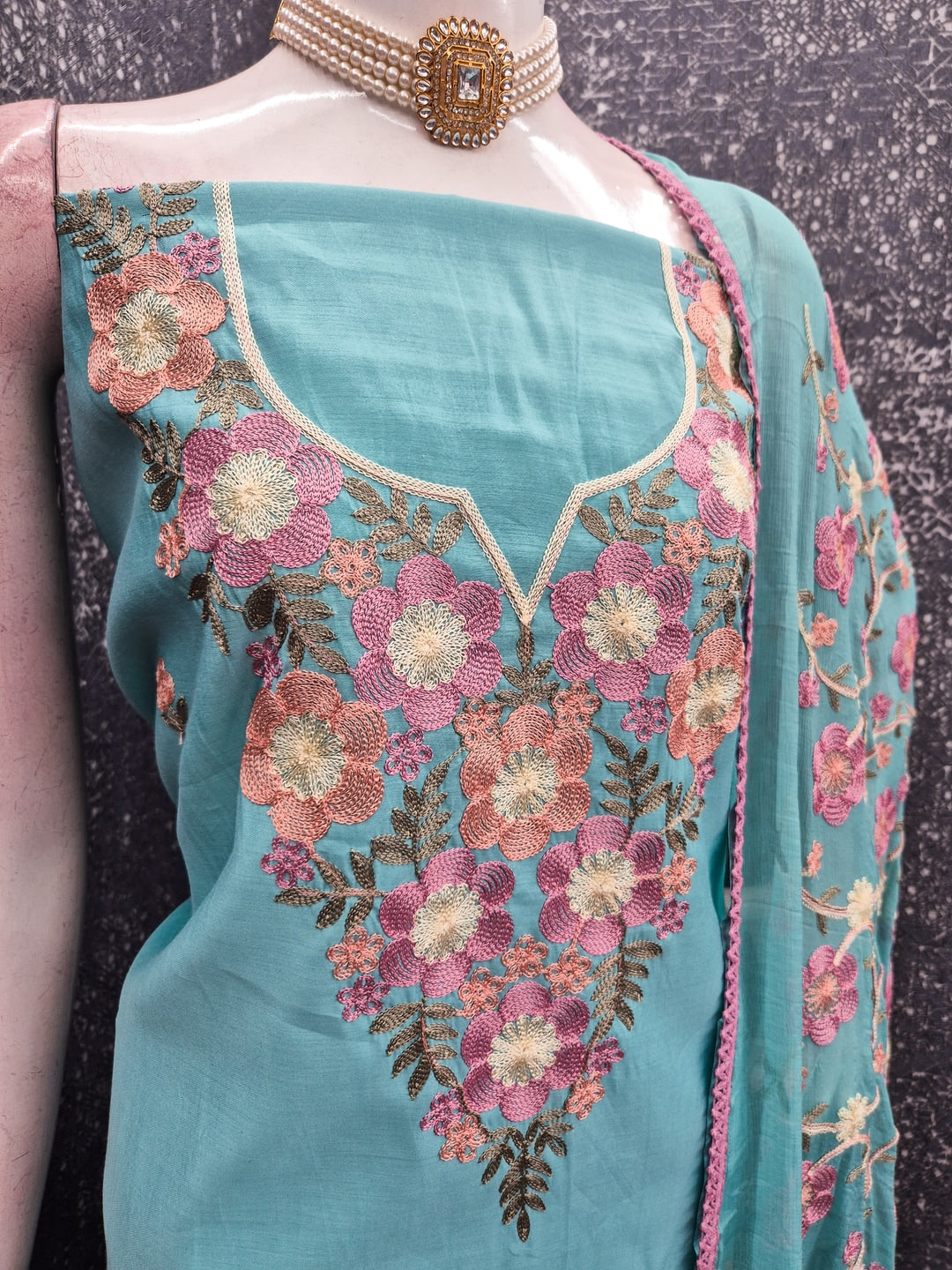 Peachmode Blue Floral Embroidered Roman Silk Dress Material - Image 3