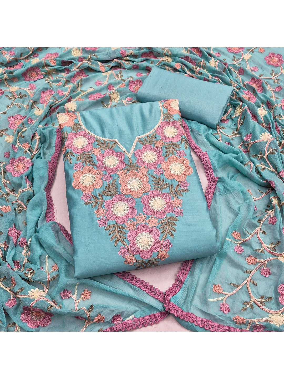 Peachmode Blue Floral Embroidered Roman Silk Dress Material - Image 4