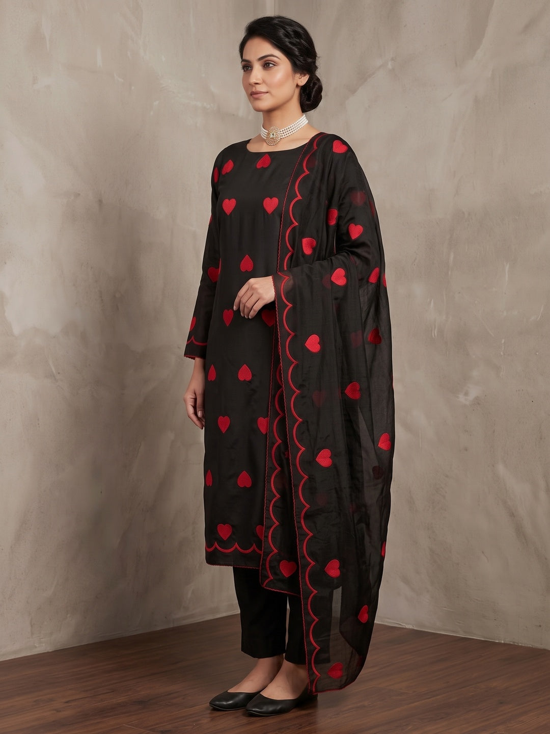 Peachmode Black Heart Embroidered Roman Silk Dress Material - Image 5