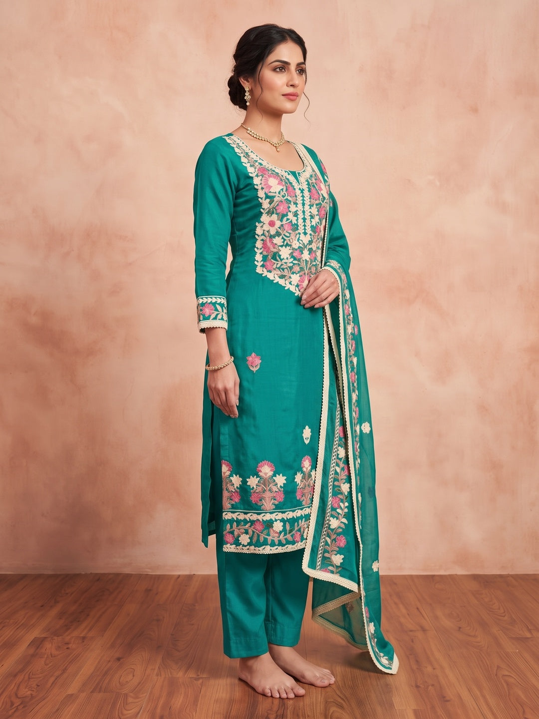 Peachmode Teal Floral Embroidered Roman Silk Dress Material - Image 5