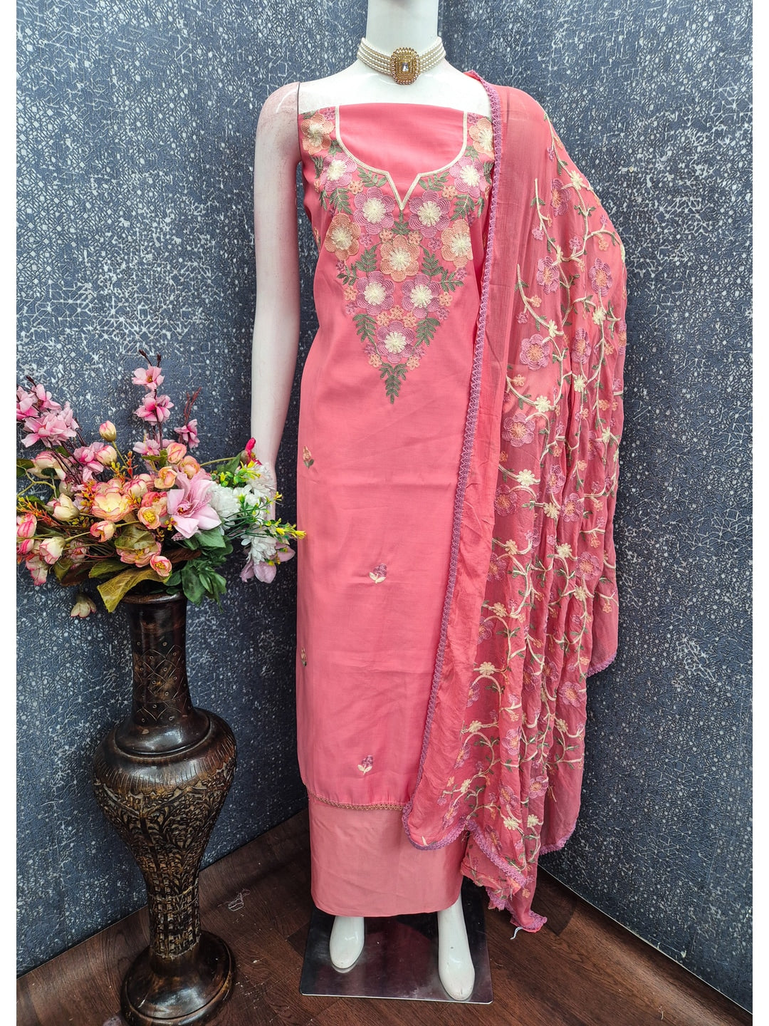 Peachmode Pink Floral Embroidered Roman Silk Dress Material - Image 2