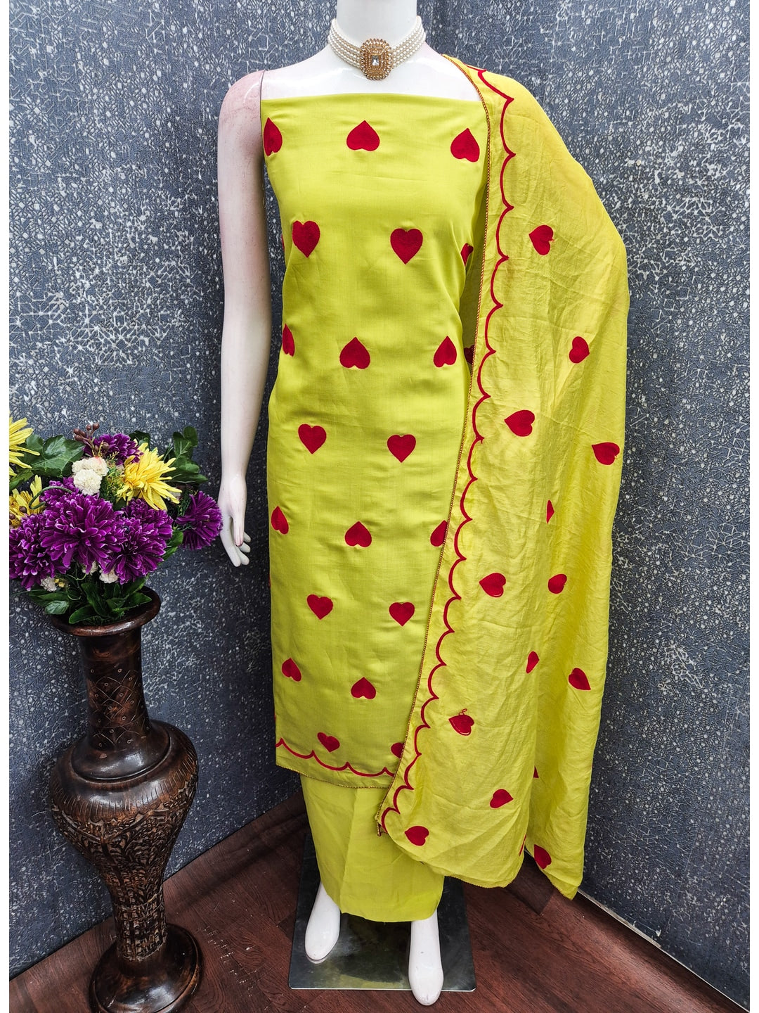 Peachmode Lime Green Heart Embroidered Roman Silk Dress Material - Image 2
