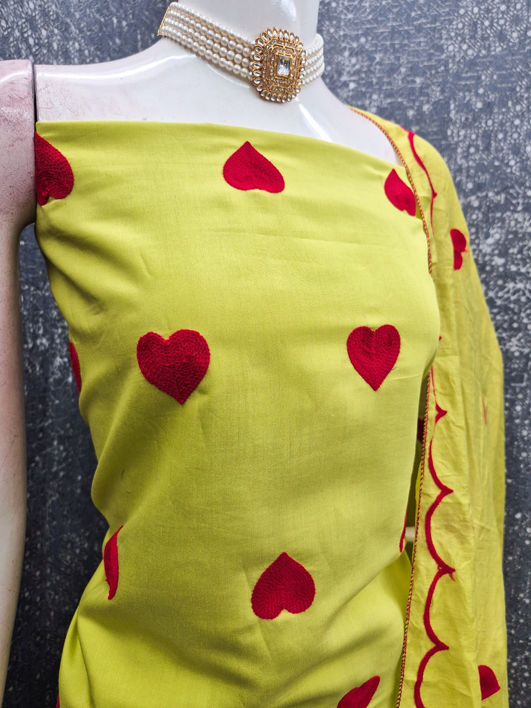 Peachmode Lime Green Heart Embroidered Roman Silk Dress Material - Image 3