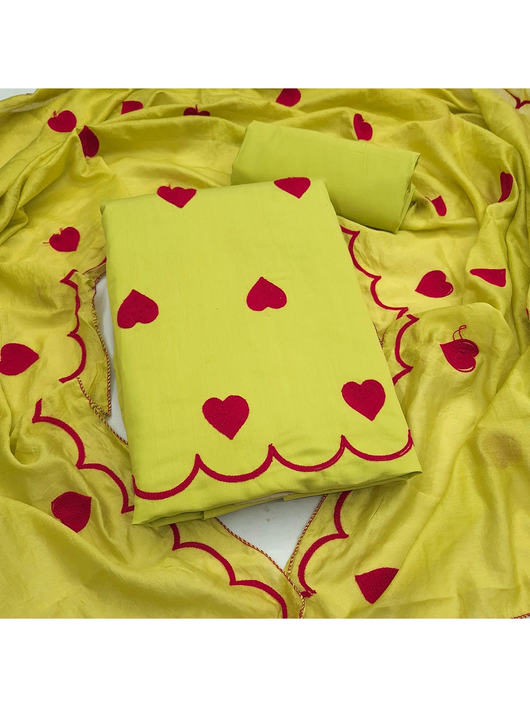 Peachmode Lime Green Heart Embroidered Roman Silk Dress Material - Image 4