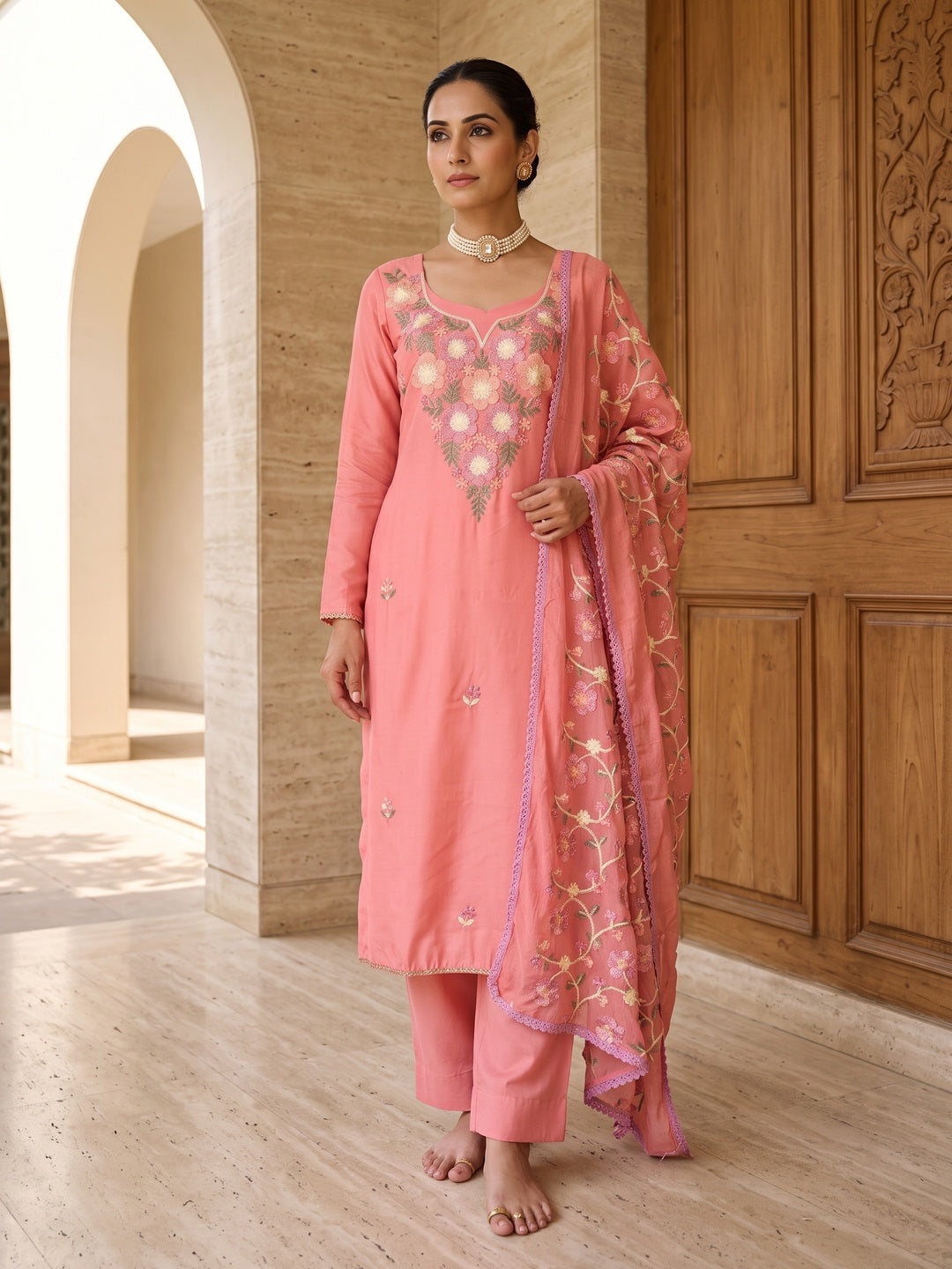Peachmode Pink Floral Embroidered Roman Silk Dress Material - Image 1
