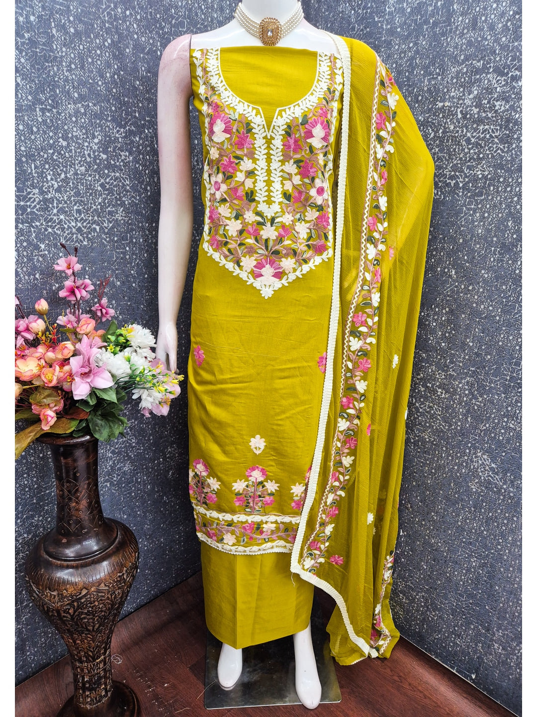 Peachmode Mustard Floral Embroidered Roman Silk Dress Material - Image 2