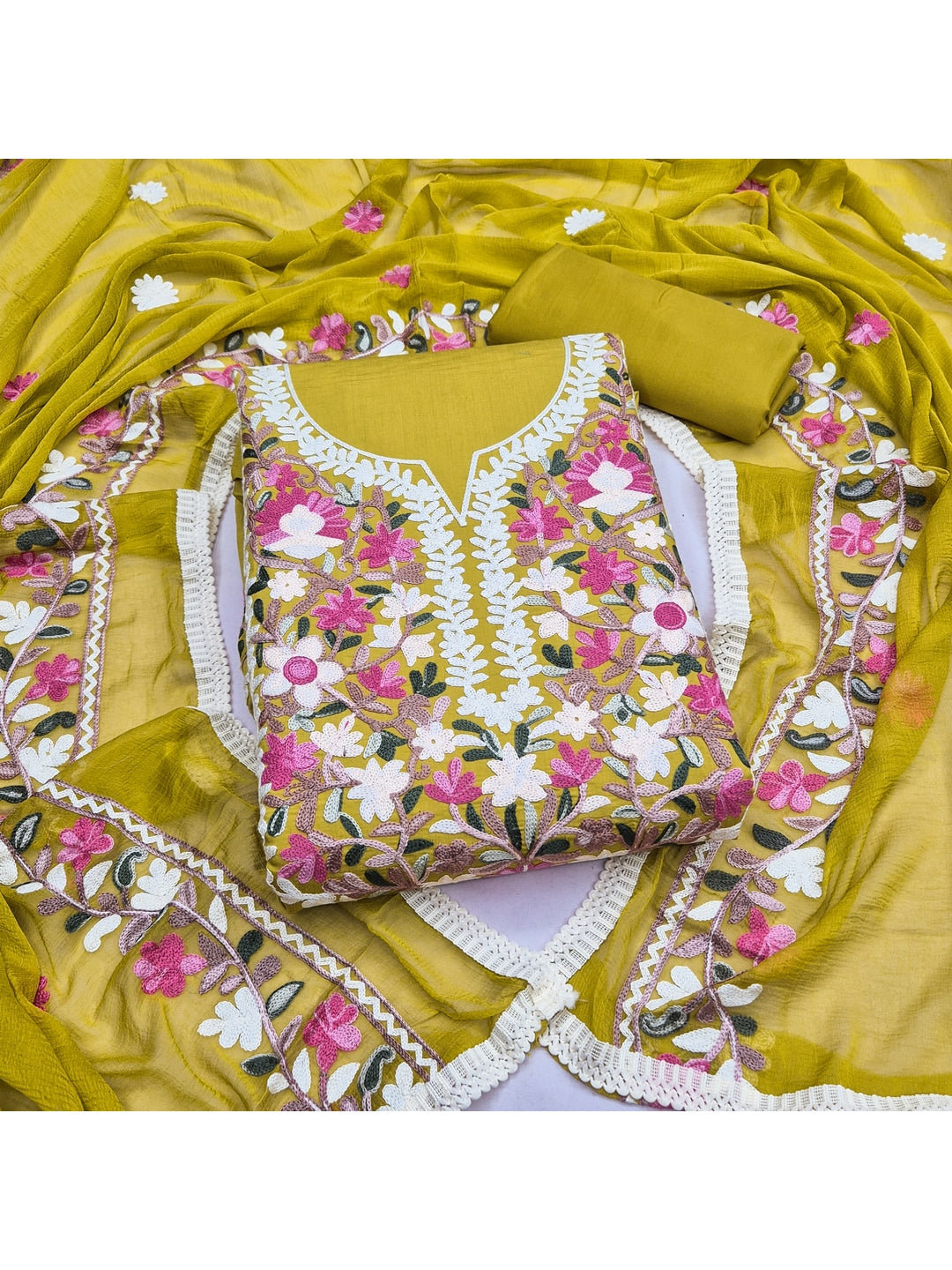Peachmode Mustard Floral Embroidered Roman Silk Dress Material - Image 4