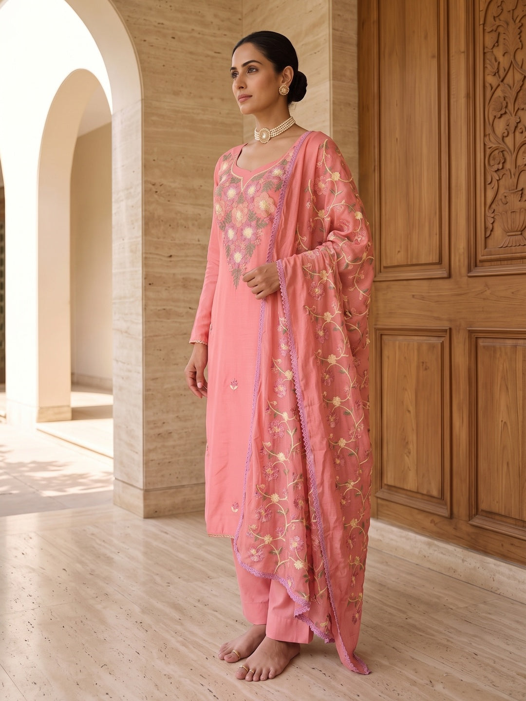Peachmode Pink Floral Embroidered Roman Silk Dress Material - Image 5