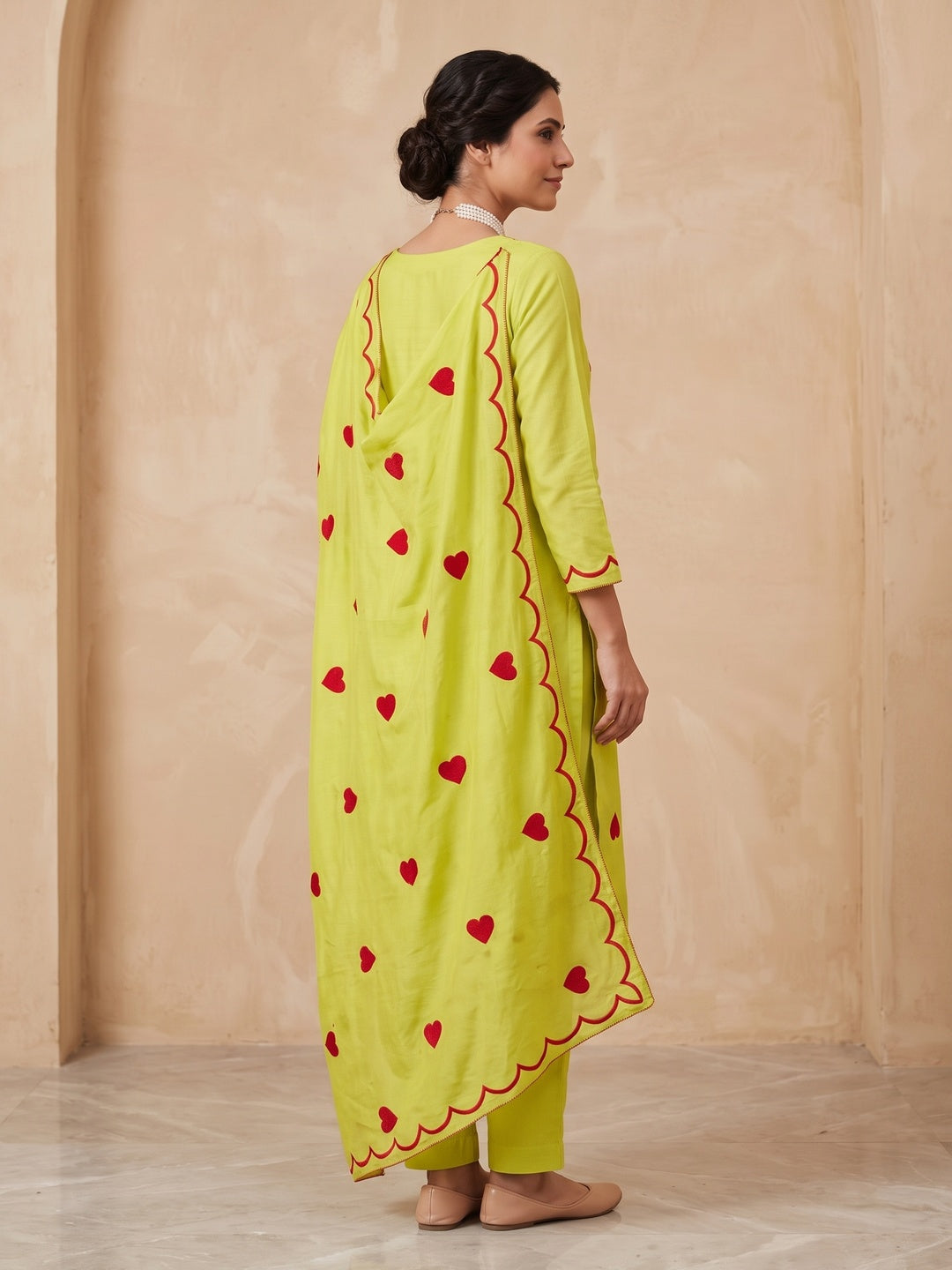 Peachmode Lime Green Heart Embroidered Roman Silk Dress Material - Image 5