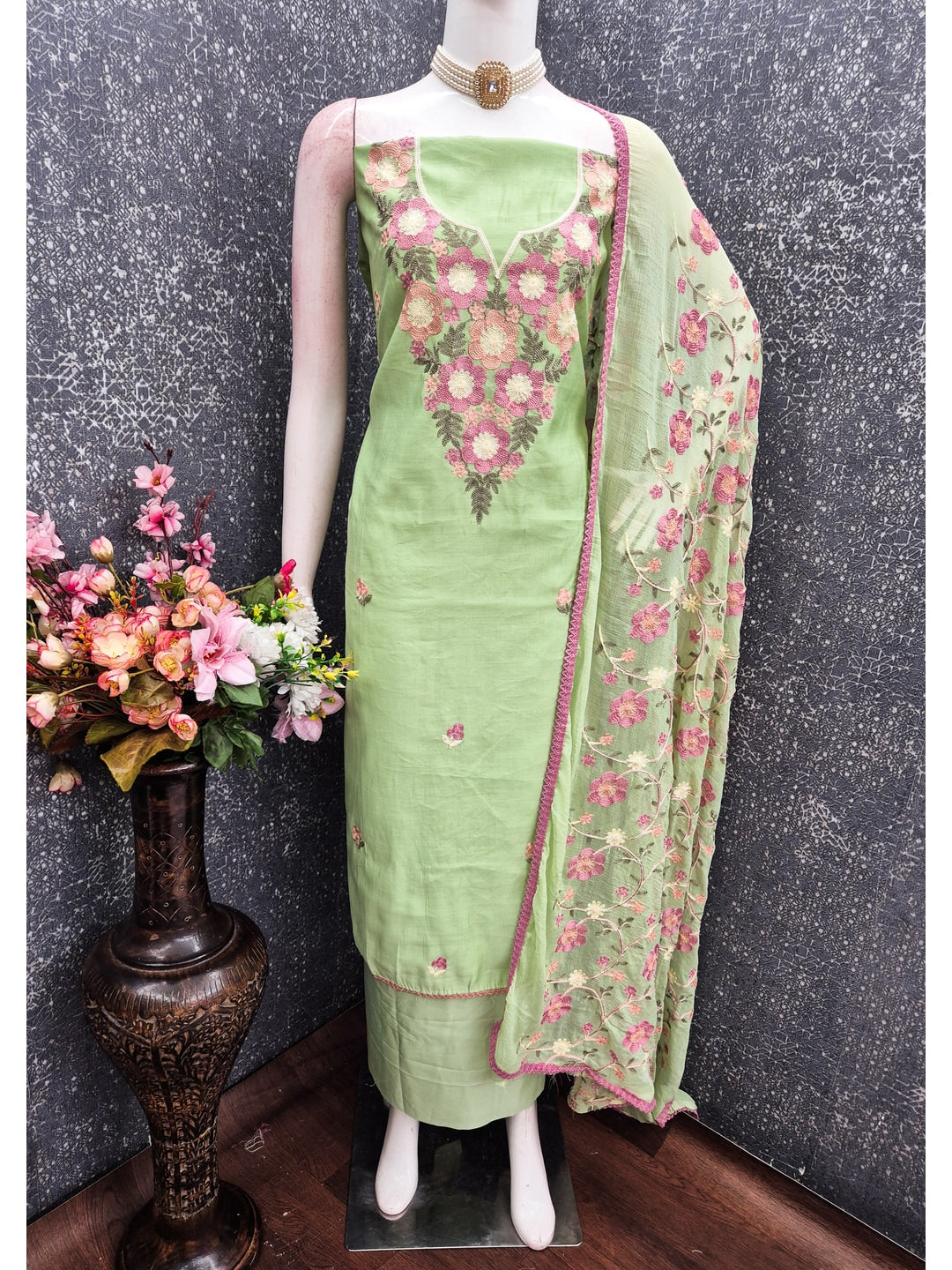 Peachmode Green Floral Embroidered Roman Silk Dress Material - Image 2