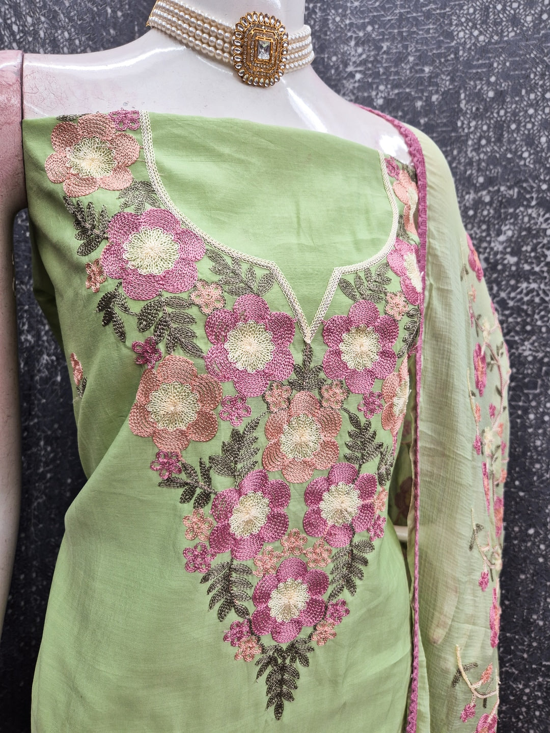 Peachmode Green Floral Embroidered Roman Silk Dress Material - Image 3