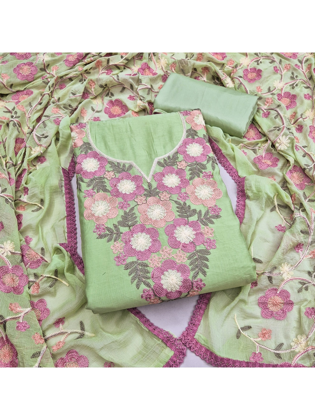 Peachmode Green Floral Embroidered Roman Silk Dress Material - Image 4