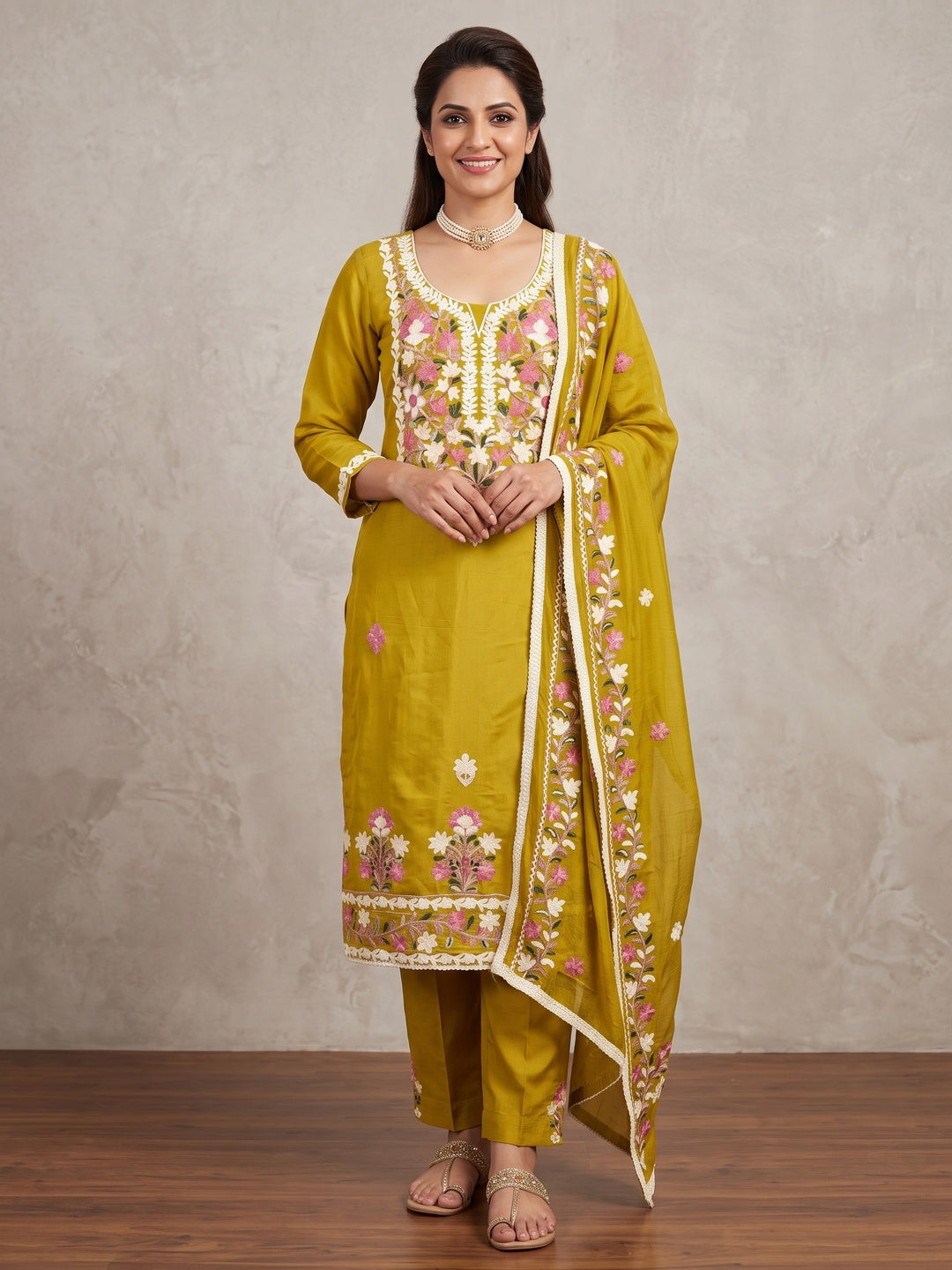 Peachmode Mustard Floral Embroidered Roman Silk Dress Material - Image 1