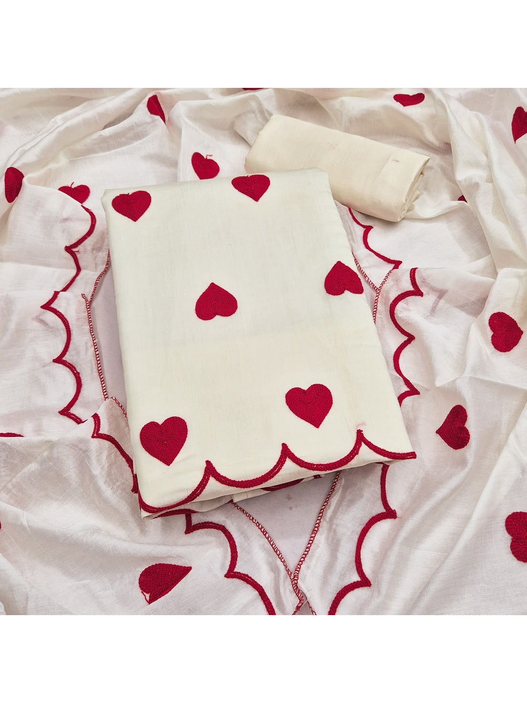 Peachmode Cream Heart Embroidered Roman Silk Dress Material - Image 4