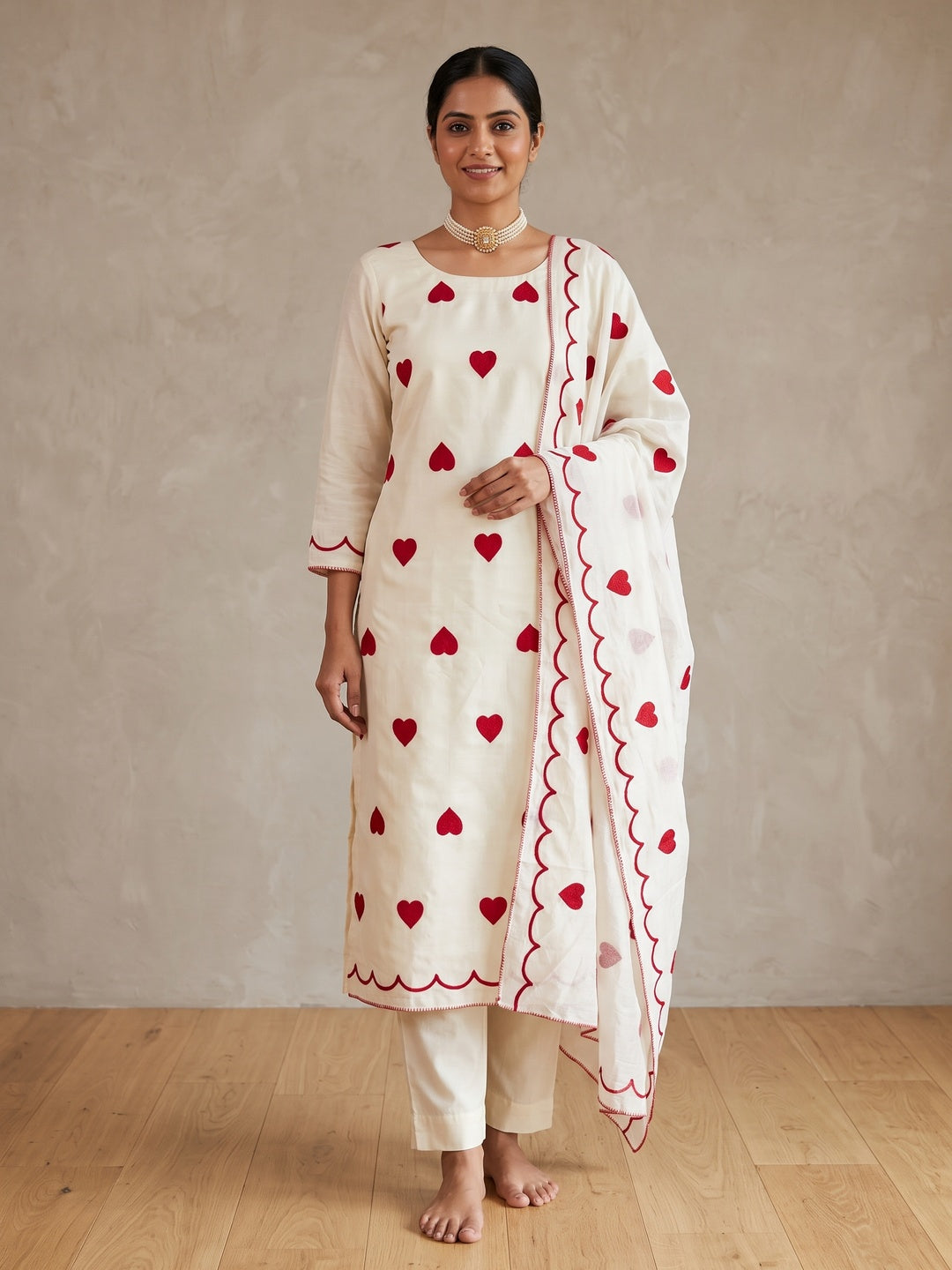 Peachmode Cream Heart Embroidered Roman Silk Dress Material - Image 1